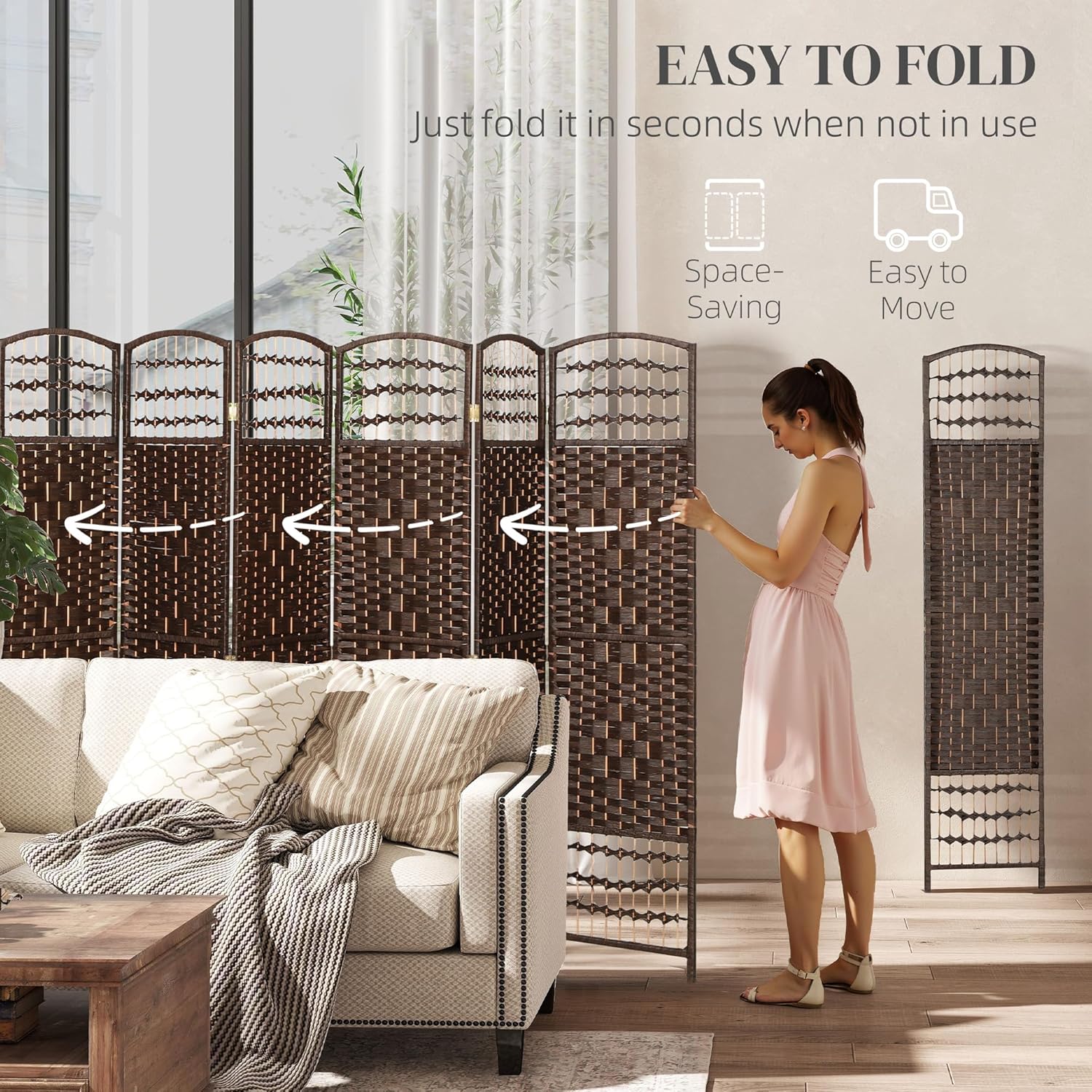HOMCOM 8 Panel Room Divider, Folding Privacy Screen, 5.6' Room Separator, Wave Fiber Freestanding Partition Wall Divider, Brown