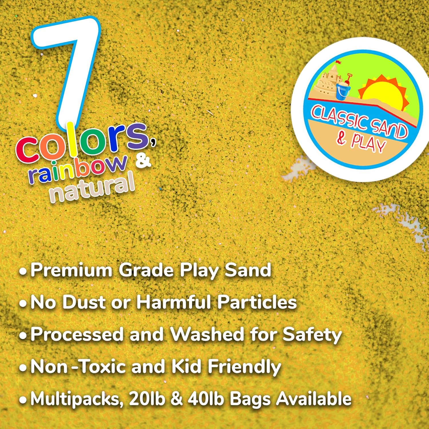 Classic Sand and Play Yellow Colored Play Sand, 20 lb. Bag, Natural and Non-Toxic, Fun Wet and Dry Indoor and Outdoor, Sandbox, Therapy, and Table Use, Building, Stimulate Sensory Needs