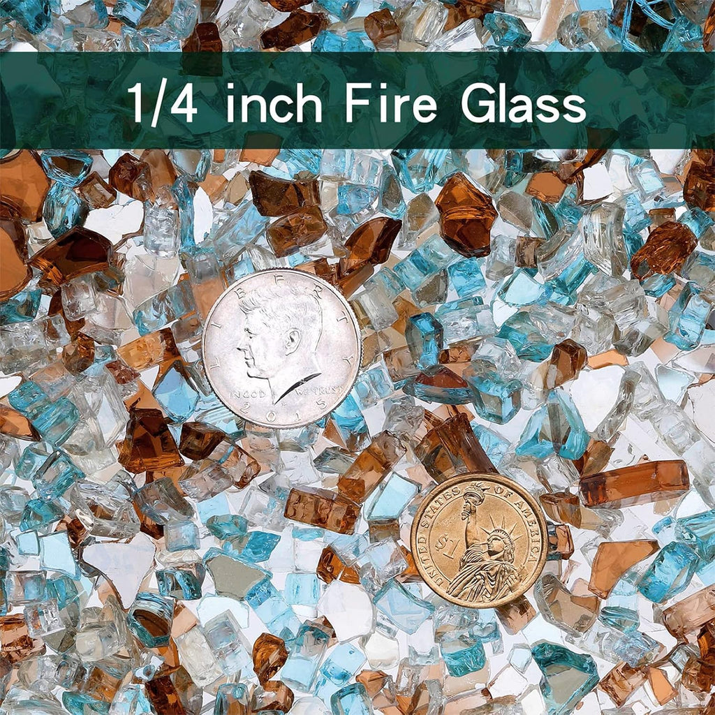 Onlyfire 10 pounds Fire Glass for Propane Fire Pit and Gas Fireplace, 1/4 Inch Blended Reflective Firepit Glass Rocks for Fire Pit Table and Fire Bowl, Aqua Blue+Platinum+Copper