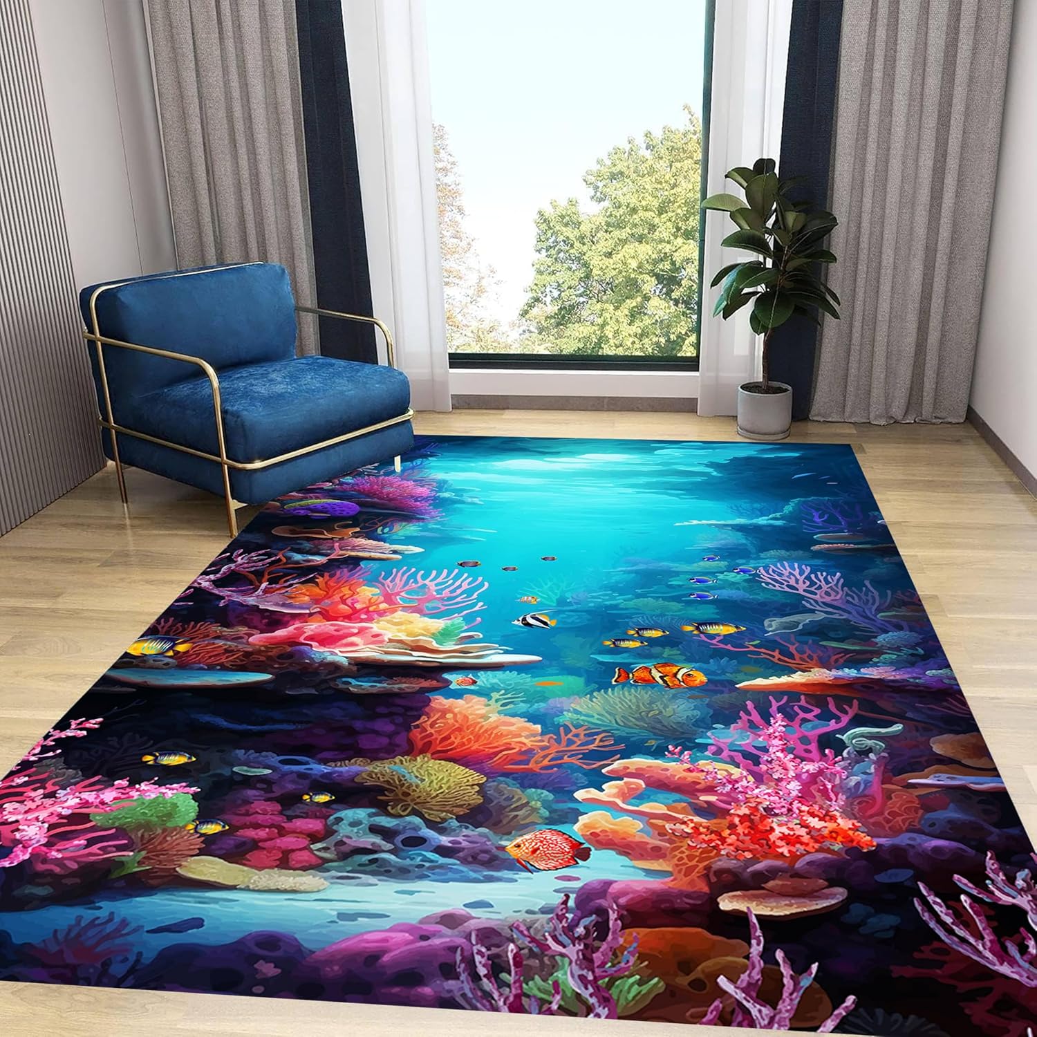 Under The Sea Area Rug, 4x6ft, Underwater World Coral Carpets for Bedroom, Marine Animal Tropical Fish Non-Slip Carpet, Low Pile Thin Absorbent Machine Washable Rugs for Living Room