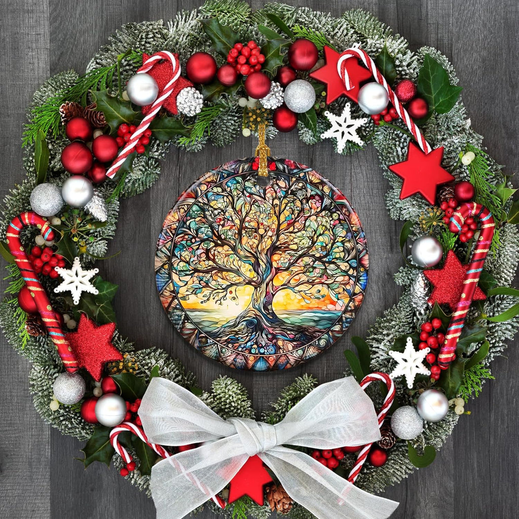 Stained Ceramic Tree of Life Ornament - Christmas Decorations for Office, Room, Home - Holiday Present Ideas
