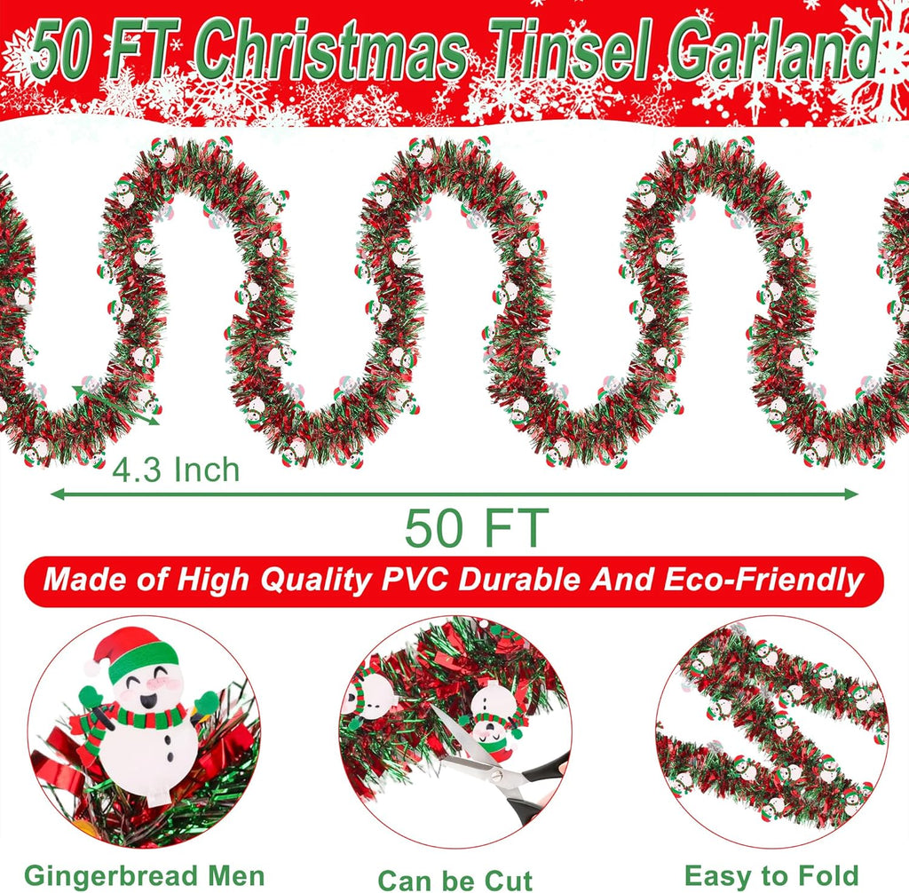 50 FT Christmas Tinsel Garland Christmas Decorations with Snowman Ornament, Red Green Shiny Metallic Twist Christmas Garland for Xmas Tree Home Mantle Stairs Indoor Outdoor Holiday Party Decor