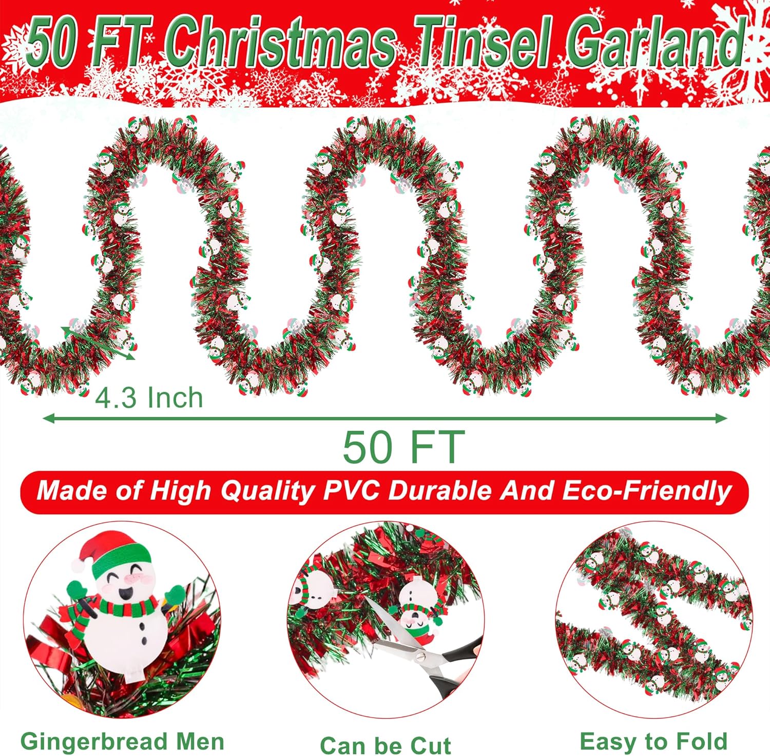 50 FT Christmas Tinsel Garland Christmas Decorations with Snowman Ornament, Red Green Shiny Metallic Twist Christmas Garland for Xmas Tree Home Mantle Stairs Indoor Outdoor Holiday Party Decor