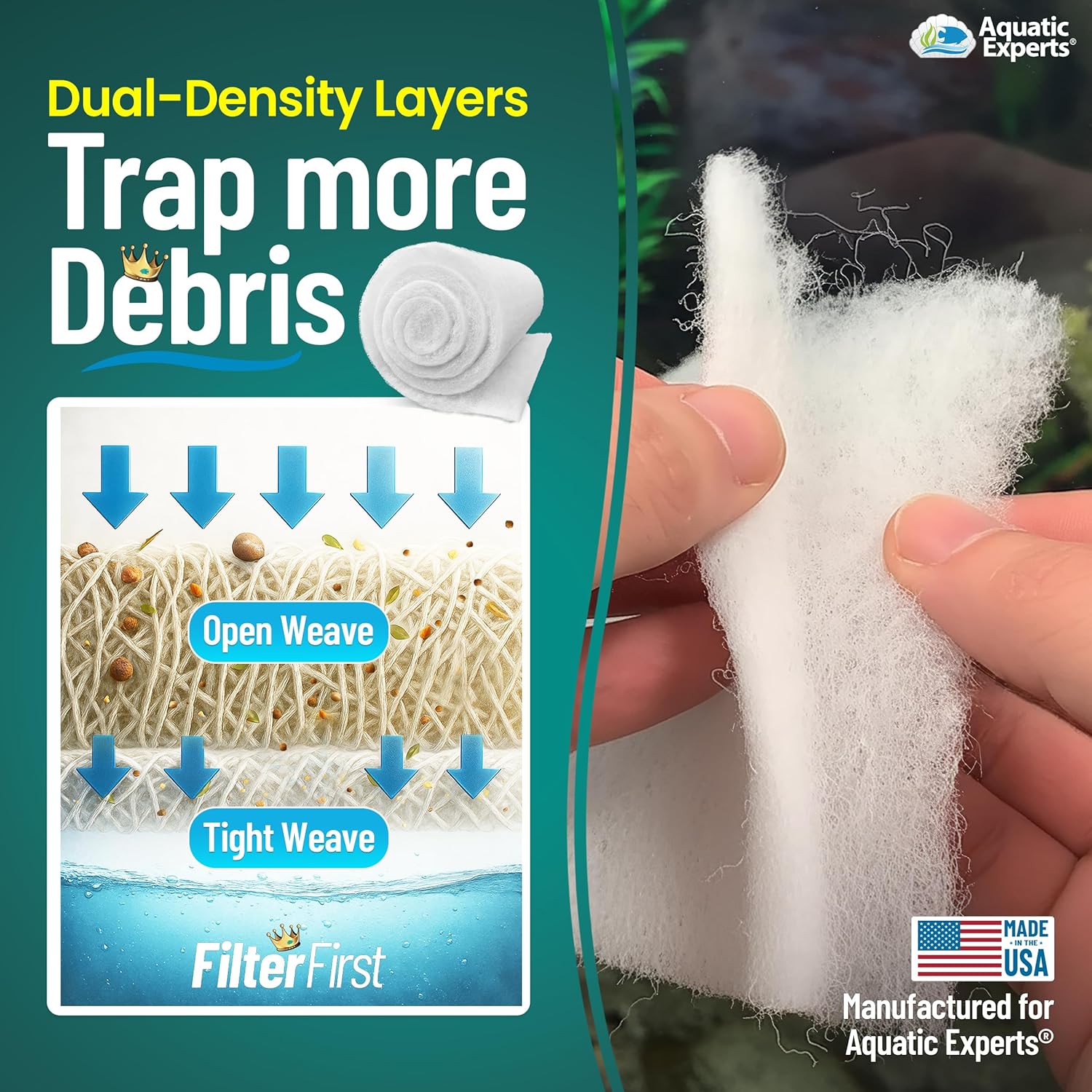 Aquatic Experts Aquarium Filter Floss for Fish Tank Filters - FilterFirst Aquarium Filter Pad - Media Roll for Crystal Clear Water, 12" x 72" by ¾ to ½ Thick
