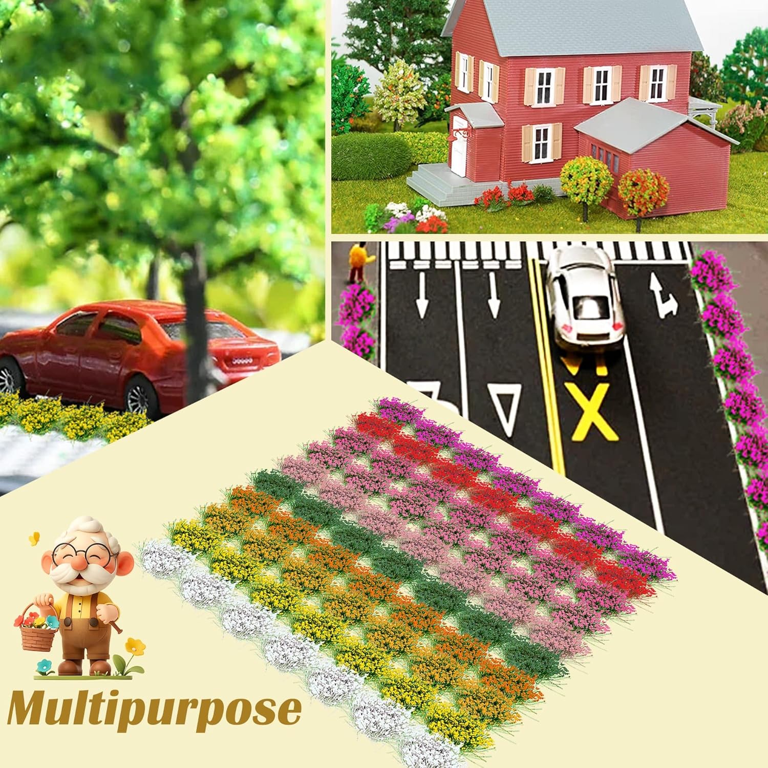 Potanro 70pcs Miniature Flowers Cluster for Crafts,Mini Flowers Self Adhesive,Flower Vegetation Groups, Static Miniature Plants Diorama Base Materials Supplies,for Train Railroad Military Model