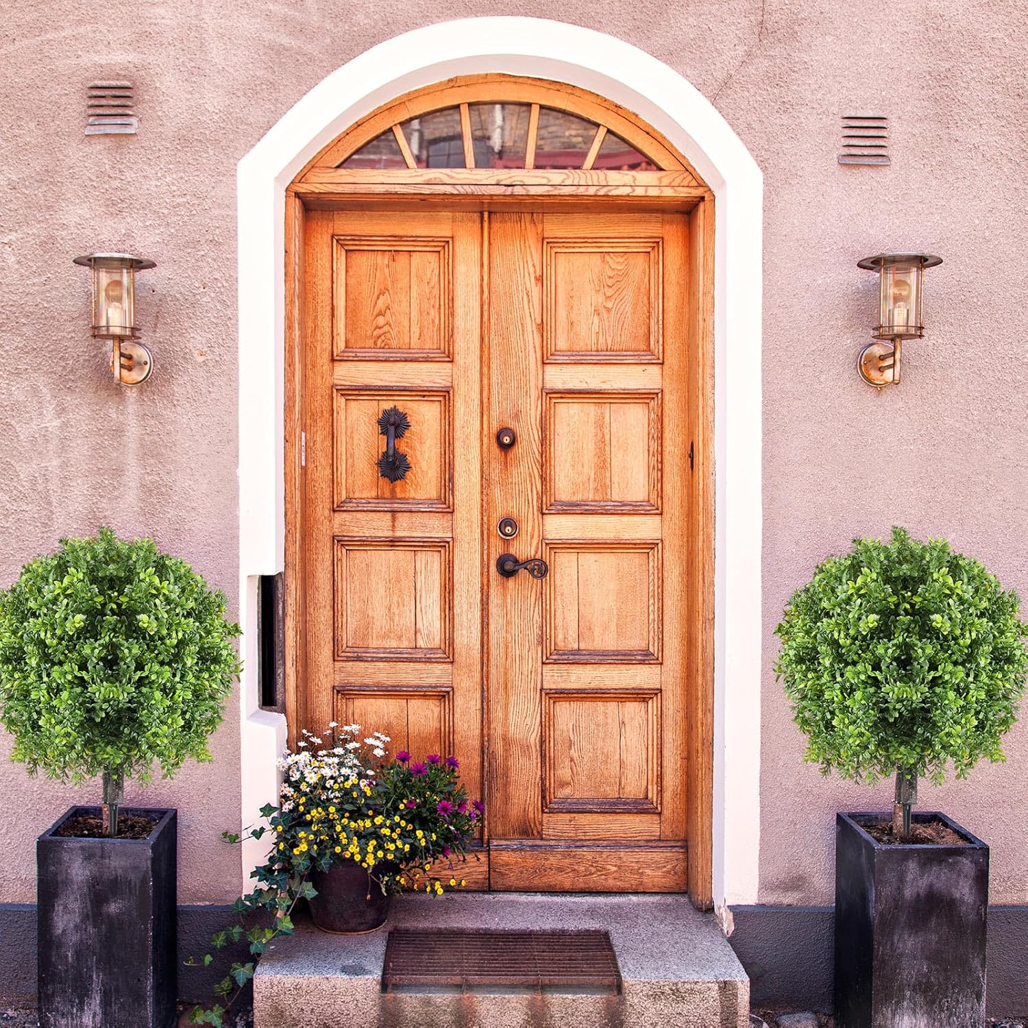 2 Pcs Artificial Boxwood Topiary Ball Bush 26" Tree UV Resistant with Spike Easy to Push in The Ground Fake Boxwood Plants Faux Greenery Shrubs for Indoor Outdoor Home Garden (Light Green)