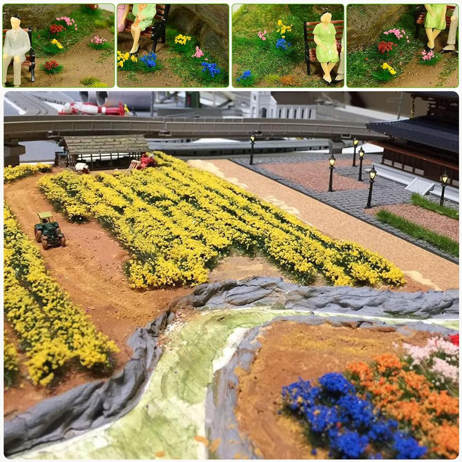 Woohome 4 Pack Miniature Colorful Flower Cluster Self Adhesive Flower Vegetation Groups Static Grass Tufts for Train Landscape Railroad Scenery Sand Military Layout Model