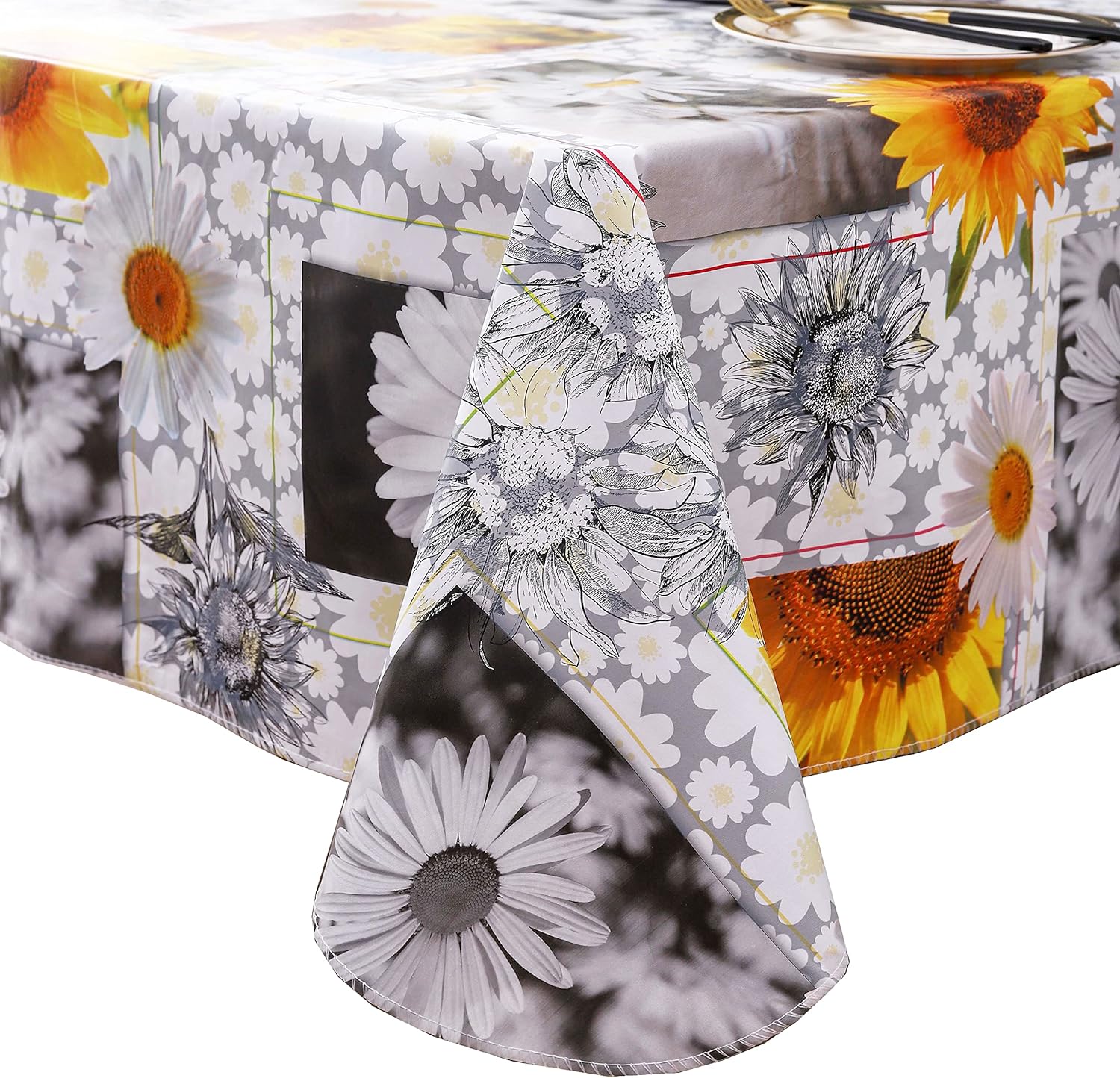 Heavy Duty Vinyl Tablecloth with Flannel Backing Waterproof Oil-Proof Plastic Table Cloth Stain-Resistant Wipeable Rectangle or Square Table Cover for Indoor and Outdoor ( Sunflower, 60X84 Inch)