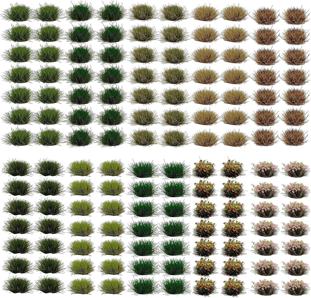 140 Pcs Static Grass Tufts & Miniature Flower Clusters - Artificial Grass Terrain Scenery Kit for Model Train Railway, Military Sand Table, DIY Diorama Landscape (B)