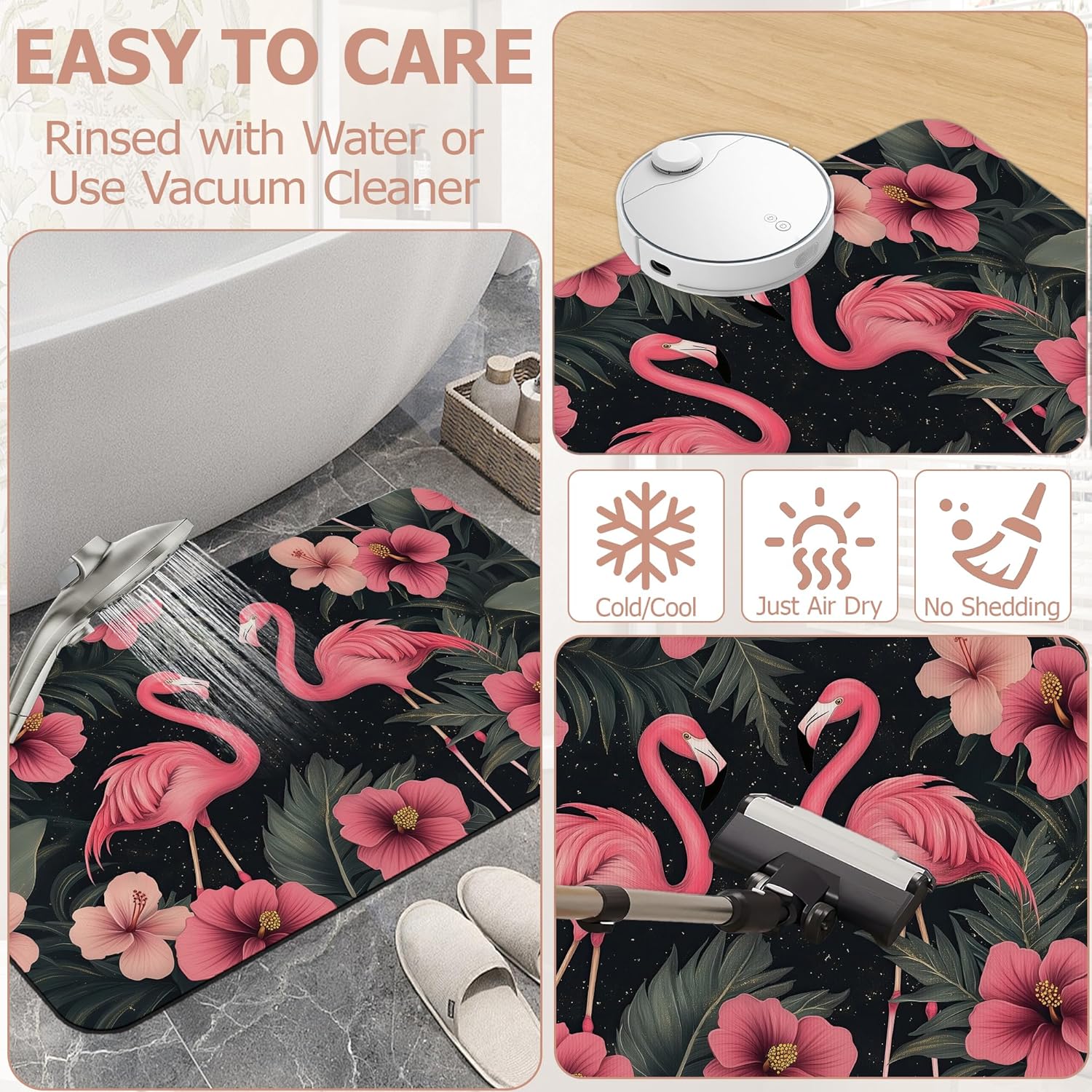Bath Mat,Pink Flamingos Bathroom Rugs,Quick-Drying Non-Slip Rubber Bath Mats Hibiscus Flowers Absorbent Diatomaceous Earth Mat for Bathroom Home Decor 17"x29.5"