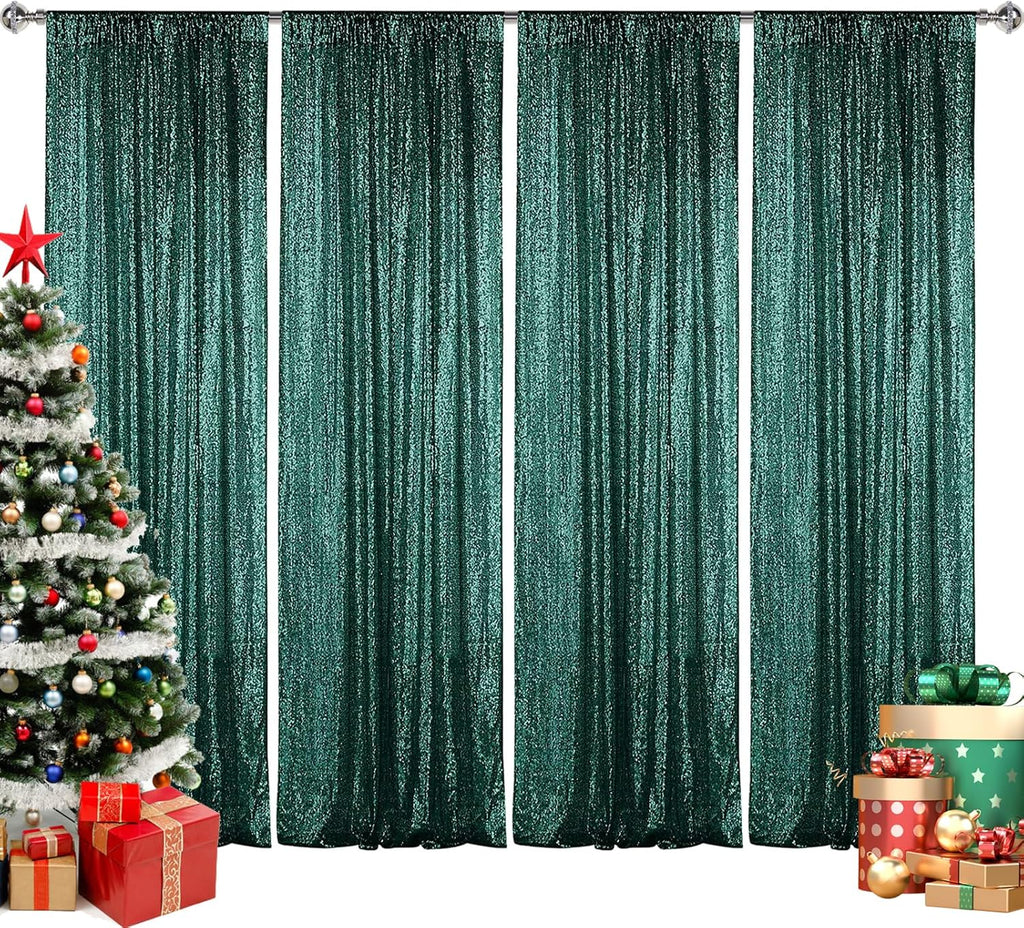 Sugargirl Dark Green Sequin Backdrop Curtain 4 Panels 2FTx8FT Glitter Dark Green Background Drapes Sparkle Photography Backdrop for Party Wedding Birthday Wall Decoration