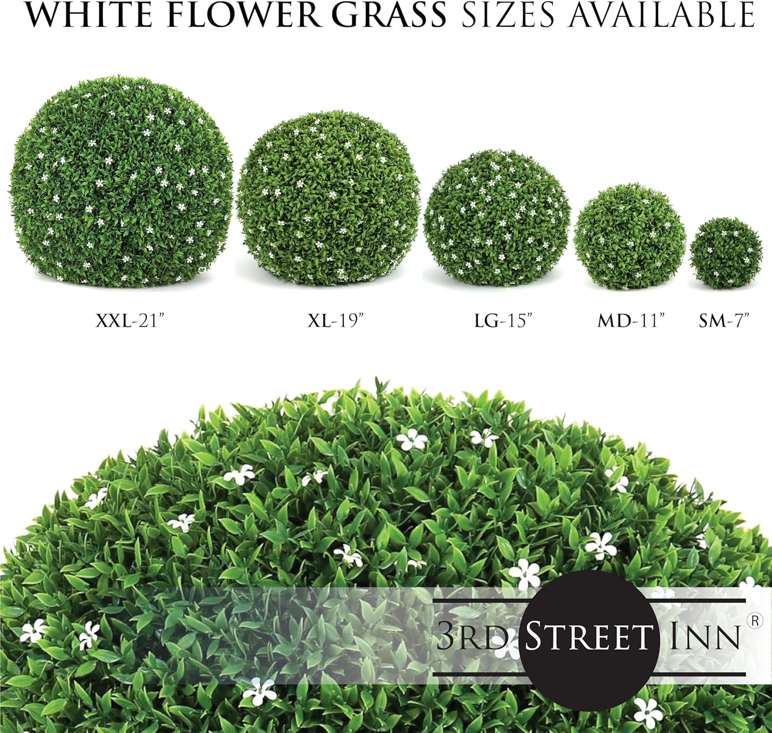 3rd Street Inn White Flower Grass Topiary Ball - Artificial Plant Set - Indoor/Outdoor Wedding Party Decor - Faux Foliage Garden Sphere - Tree and Bush Substitute (19")