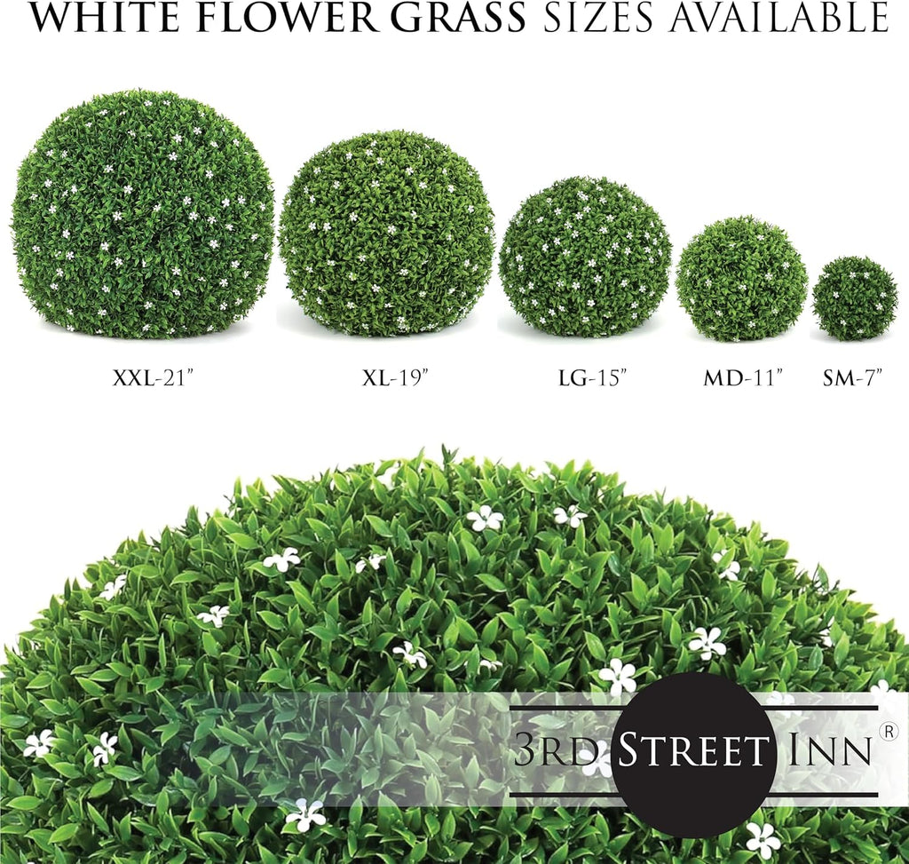 3rd Street Inn Medium White Flower Grass Topiary Ball - Artificial Plant Set - Indoor/Outdoor Wedding Party Decor - Faux Foliage Garden Sphere - Tree and Bush Substitute (11", 12 Pack)