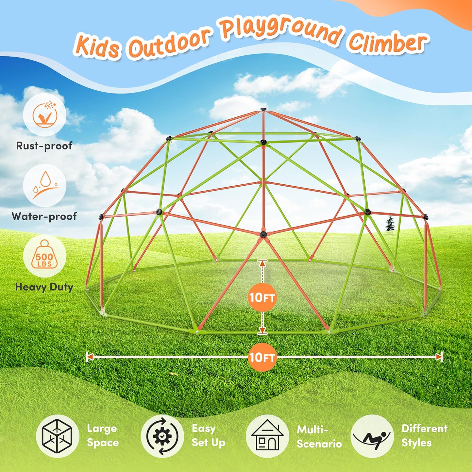Jungle Gym 10FT X 10FT Climbing Dome with Swing & Hammock Outdoor Playset Support Up to 1000LBS Anti-Rust, Easy Assembly for Boys and Girls