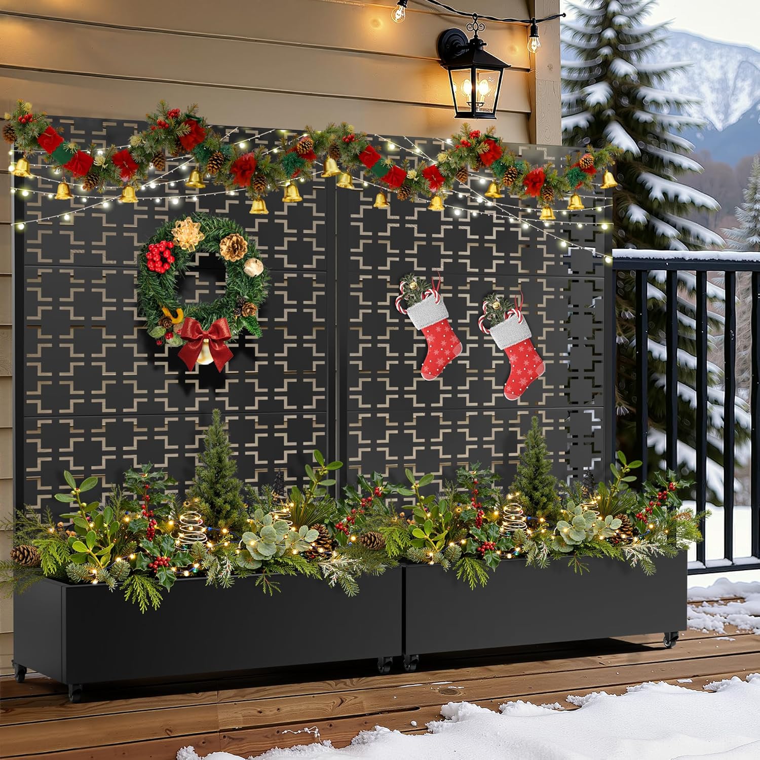 FENCY Metal Raised Garden Bed with Wheels and Trellis,73"x47"x16" Planter Box for Climbing Plants, Vegetables & Vines, Features Privacy Screen and Drainage Holes (Black-Square)