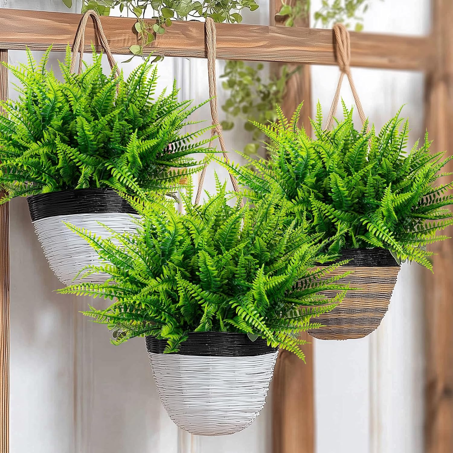 12 Bundles Artificial Fake Plants for Outdoor Faux Boston Fern for Home Decor UV Resistant Fake Plants Greenery for Front Porch Planter Indoor or Outdoor (Green)