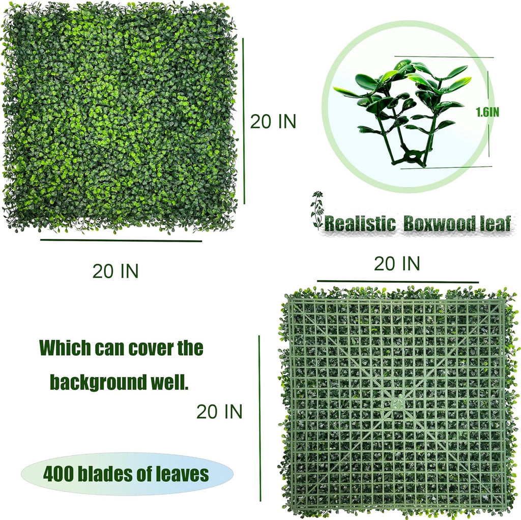Artificial Boxwood Panels: 20"x 20"(12P) UV-Anti Faux Grass Panels for Interior Wall, Greenery Backdrop,Garden and Indoor Outdoor Plant Wall&Fence Covering Privacy for Backyard Decor