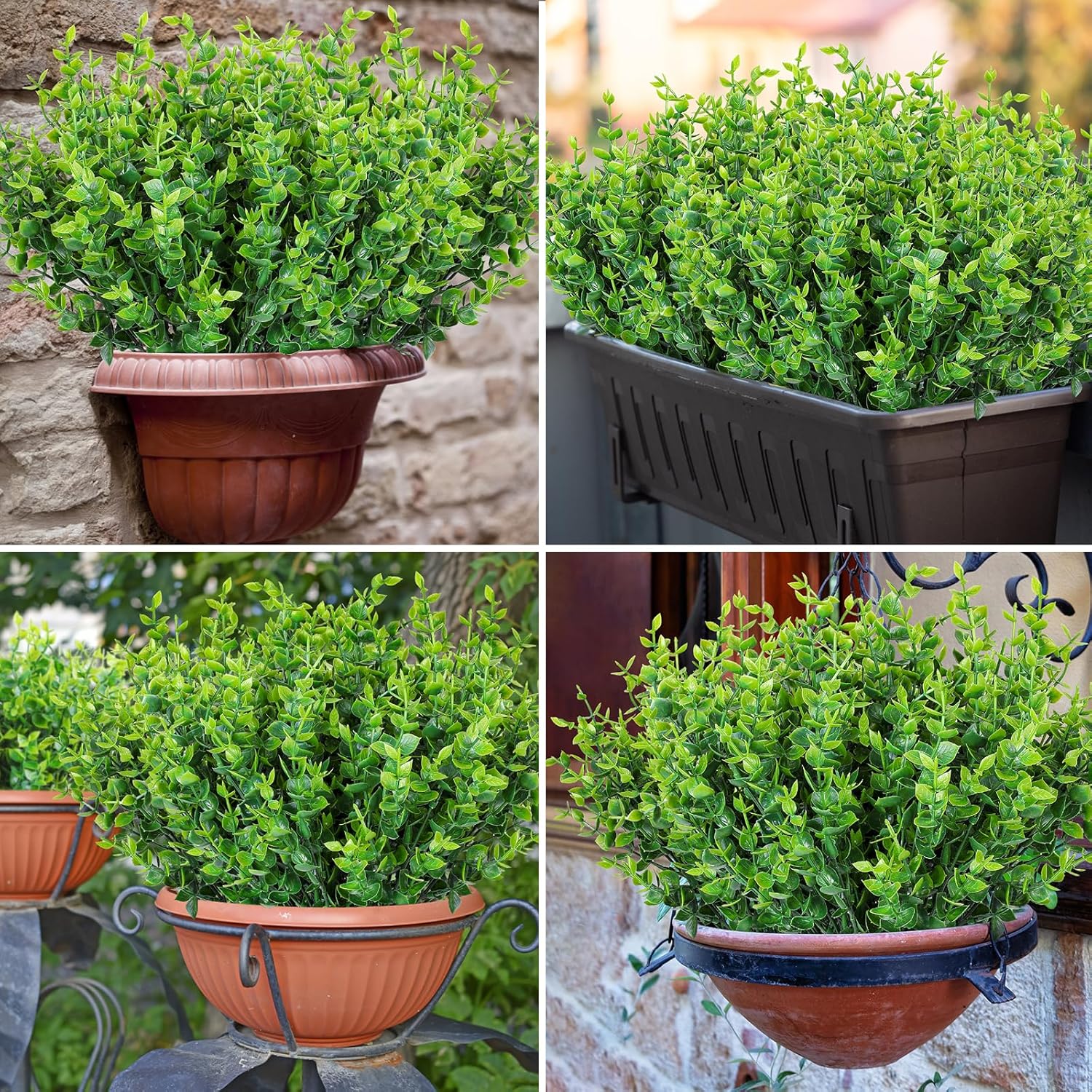 AmyHomie 20 Bundles Green Artificial Plants for Outdoor Spring Summer Decor UV Resistant Faux Wheat Grass Greenery Shrubs Eucalyptus Fake Plastic Plants Garden Porch Window Box Decorating