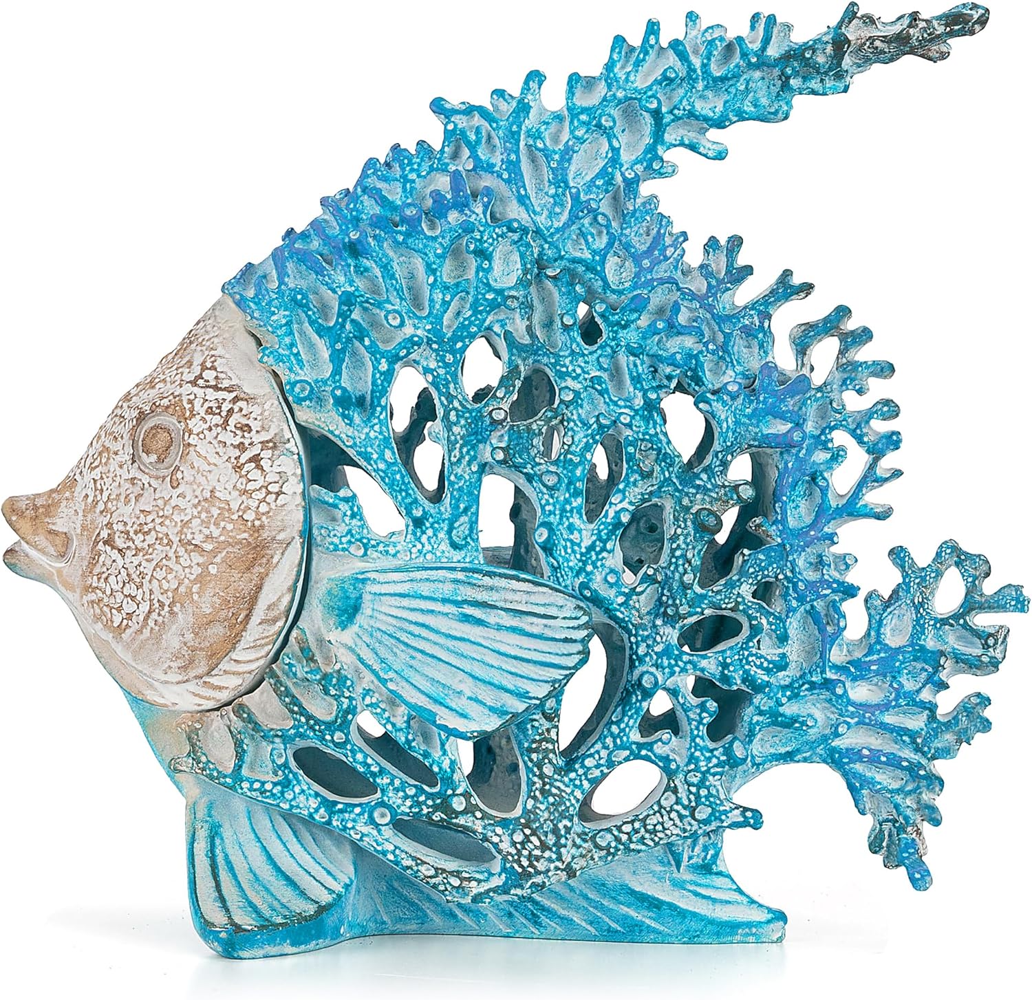 VVGIFTS Beach Coastal Decor Coral Reef Angelfish Home Office Desk Decor Sculpture Statue for Tabletop Shelf Bathroom Decoration Ornament Gift (Turquoise and Blue)