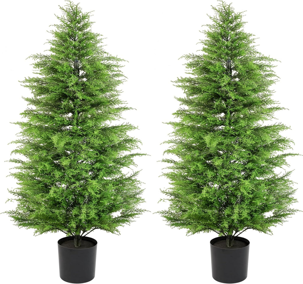 48" Artificial Cedar Topiary Tree Set of 2, 4ft Cypress Tree Topiary Faux Evergreen Shrub Plant for Front Porch Home Office Decor (4FT) ﻿