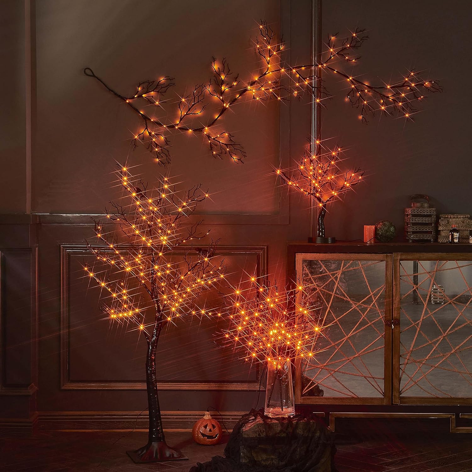 Birchlitland Halloween Tree with Lights 150 Orange Fairy Lights, 4TF Tell Black Glittered Tree Lights Pull in for Indoor and Outdoor Halloween Party Decoration