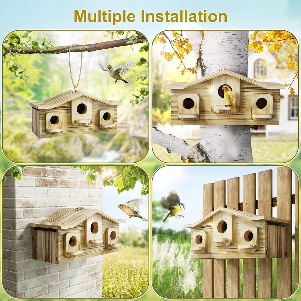 Auslar Bird House, Bird Houses for Outside for 3 Bird Families, Wooden Birdhouse for Outdoors, 3 Hole Hanging Bluebird House for Cardinals Finch Wren Swallow for Garden Viewing