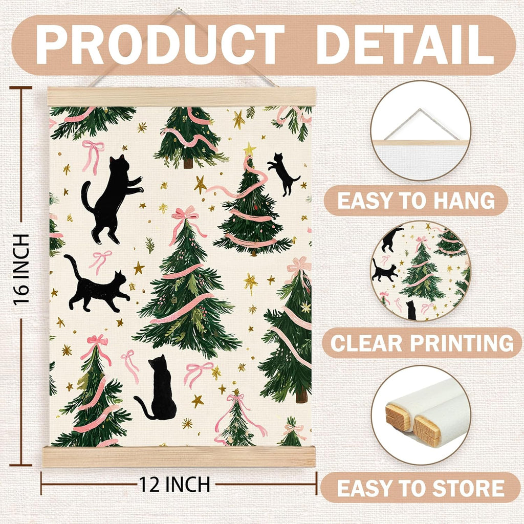 FDHSPAAM Christmas Tree Black Cat Wall Art Decor, Coquette Christmas Decor, Winter Girly Pink Bow Cute Black Cat Wall Art Posters for Home Bedroom Living Room, 12x16 Inch