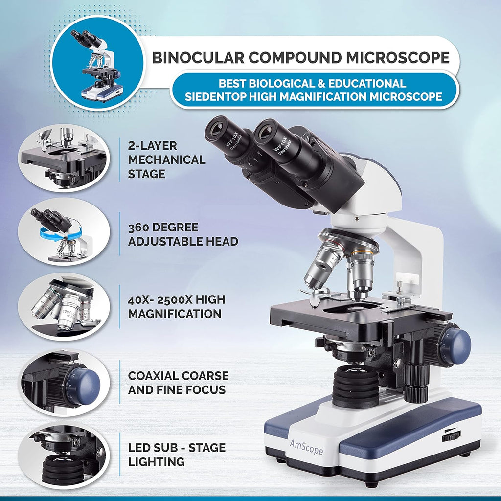 AmScope B120C Series Student & Professional LED Binocular Compound Microscope - 40X-2500X Magnification - Features Siedentopf Head & 3D Mechanical Stage