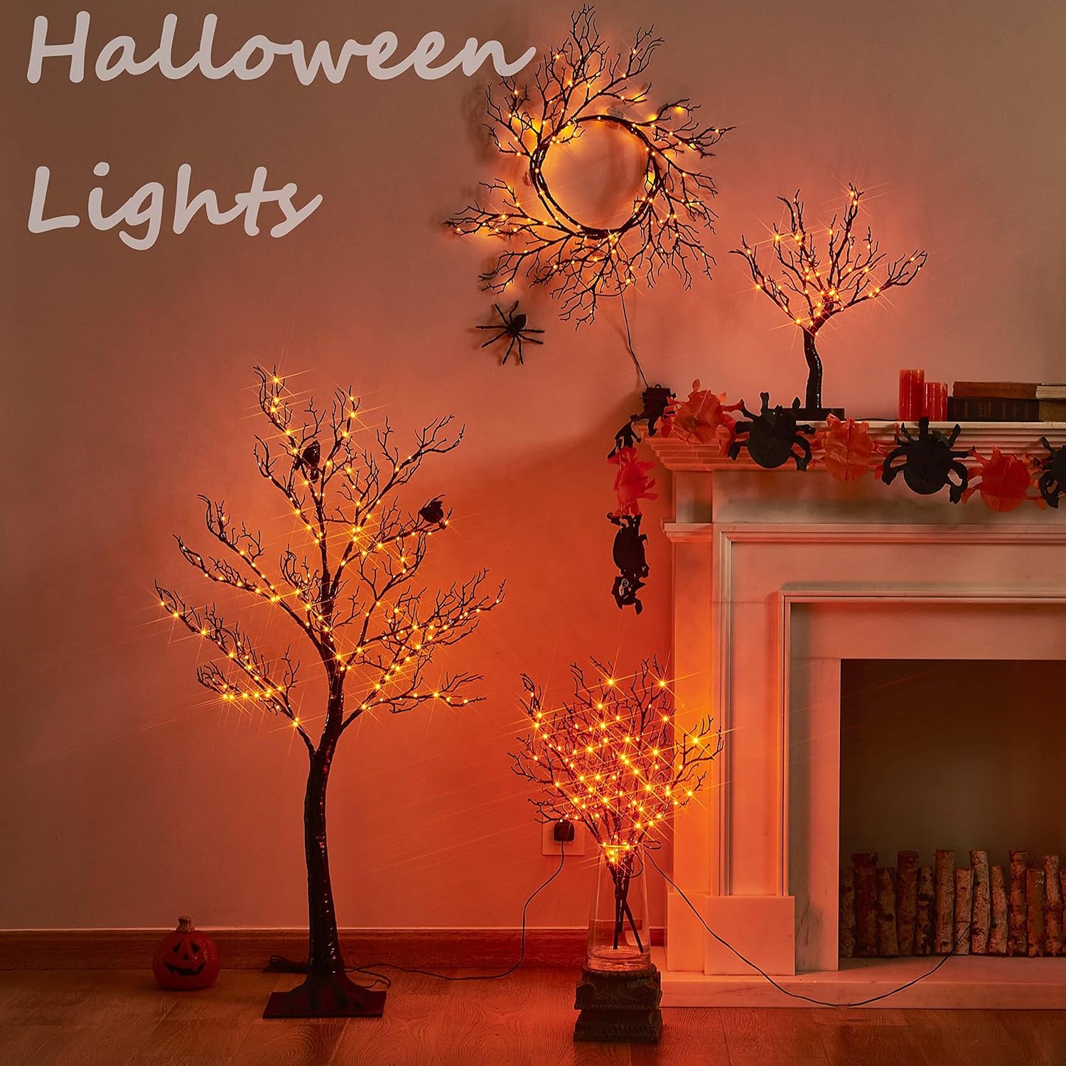 Birchlitland Halloween Tree with Lights 150 Orange Fairy Lights, 4TF Tell Black Glittered Tree Lights Pull in for Indoor and Outdoor Halloween Party Decoration