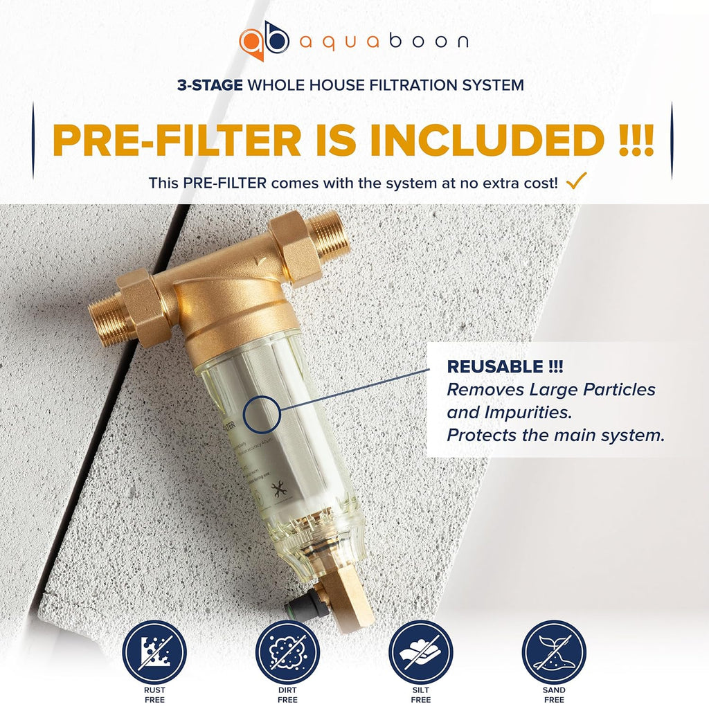 Aquaboon 3-Stage Whole House Water Filter System with 20x4.5 CTO, GAC, Sediment Filters & Prefilter, Gauge & Release, Wrench, Freestanding Steel Frame