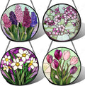 Stained Glass Window Hanging 4 Pcs Set Tulips Plum Flower Daffodils Hyacinths Large 11.8" - Suncatcher Door Garden Sun Catcher Decor Birthday Mother's Day for Mom Woman Nana