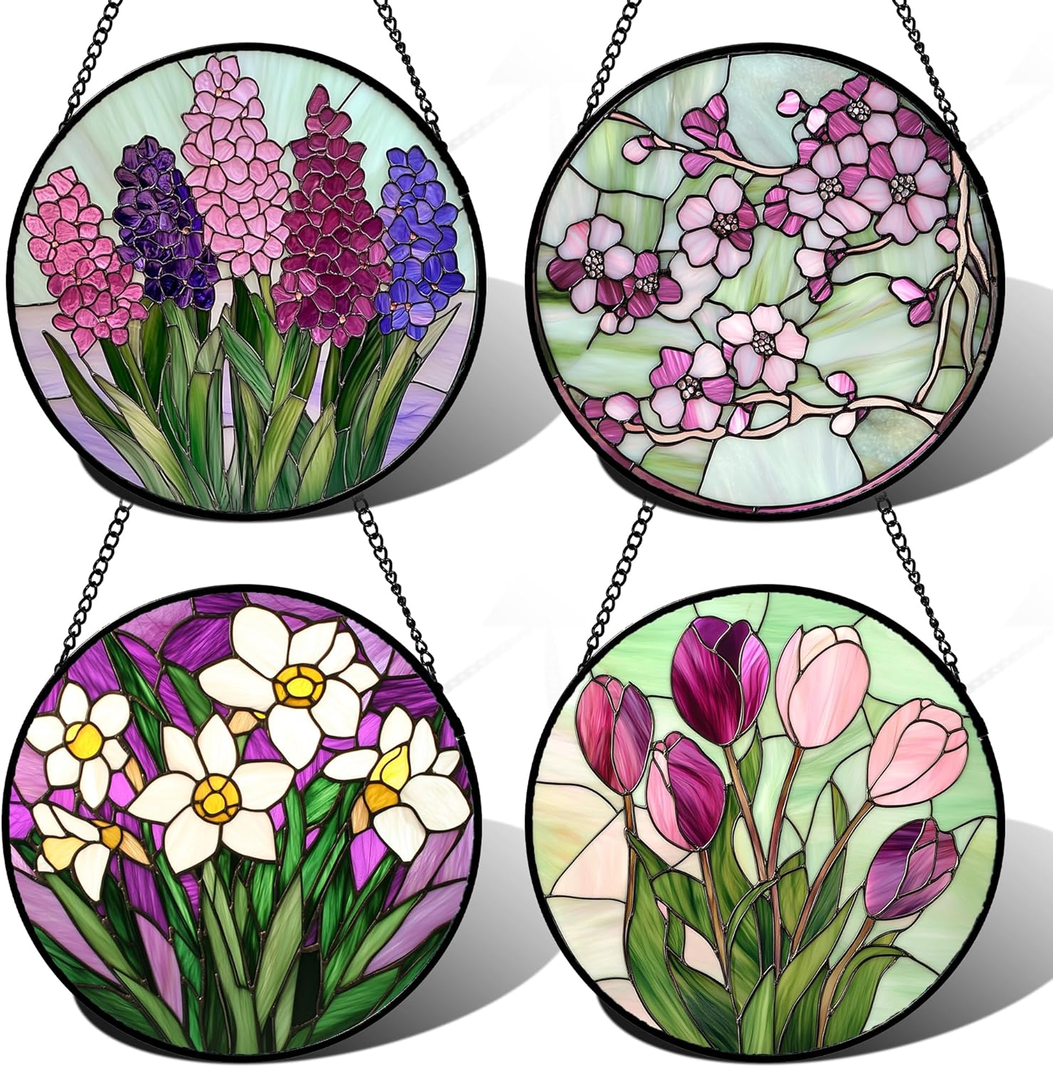Stained Glass Window Hanging 4 Pcs Set Tulips Plum Flower Daffodils Hyacinths 6.3" - Suncatcher Door Garden Sun Catcher Decor Birthday Mother's Day for Mom Woman Nana
