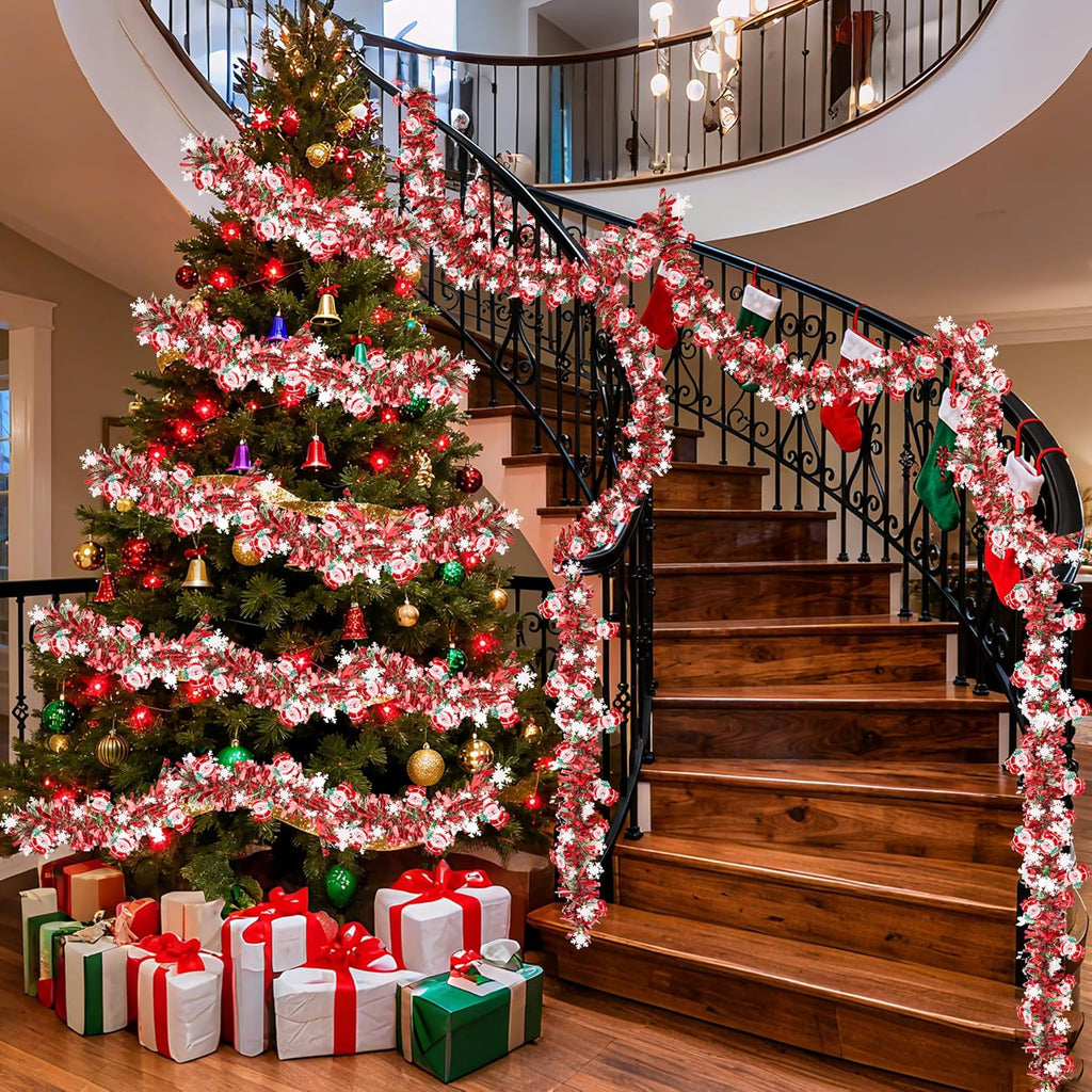 50 FT Christmas Tinsel Garland Christmas Decorations with Santa Claus & Snowflake Red Green Shiny Metallic Twist Christmas Garland for Xmas Tree Home Mantle Stairs Indoor Outdoor Holiday Party Decor
