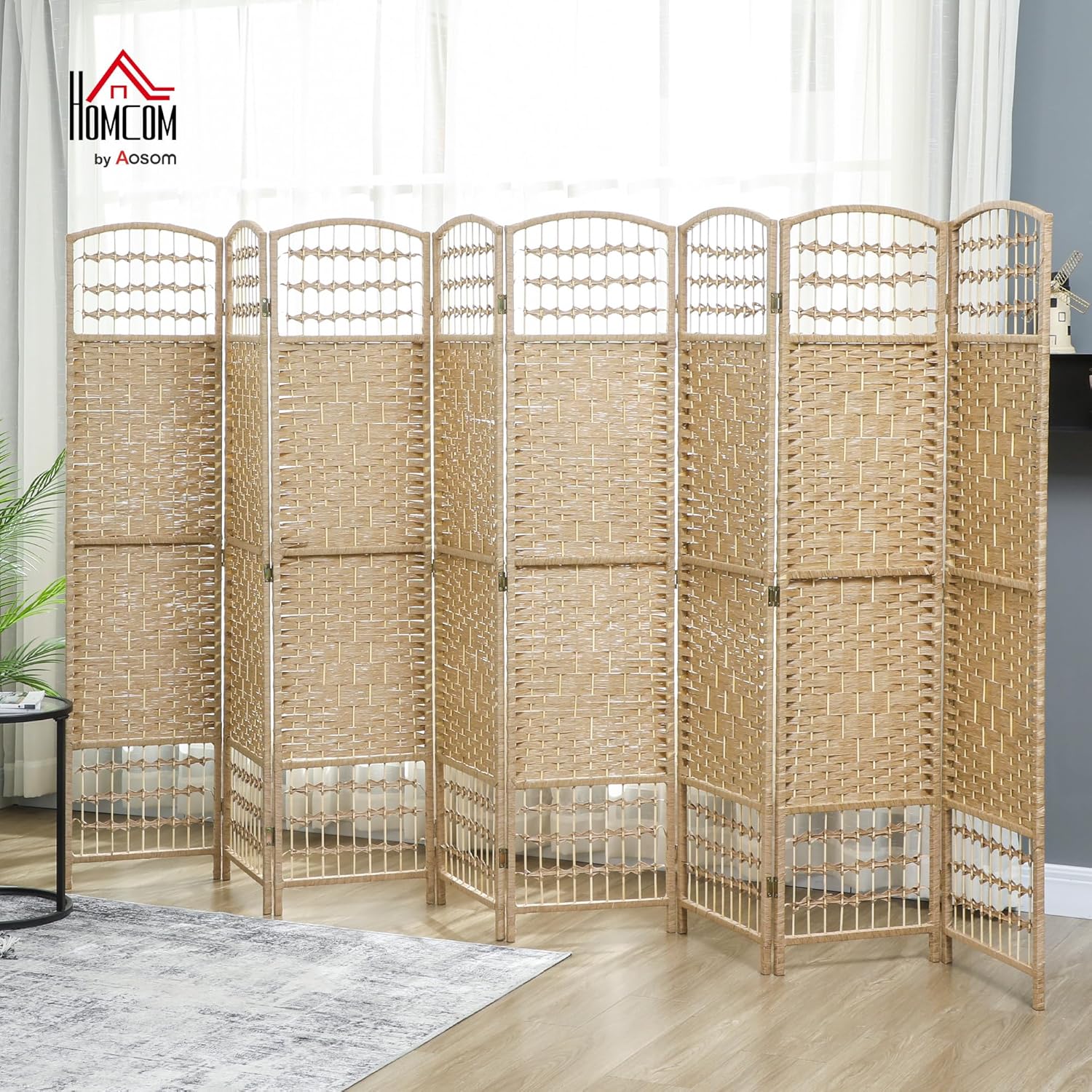 HOMCOM 8 Panel Room Divider, Folding Privacy Screen, 5.6' Room Separator, Wave Fiber Freestanding Partition Wall Divider, Natural