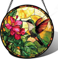 Stained Glass Suncatcher, Hummingbird Red Flowers Green Leaves Sun Catcher Stain Glass Window Hanging Decoration Mother's Day Birthday Gifts for Bird Lover Women Men Mom Nana 7.8 in