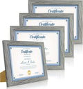 8.5 x 11 Picture Frame Set of 4, Made of Real Glass and Grey Certificate & Diploma Frame, 8.5 by 11 Photo for Wall or Tabletop - Display Picture 6x8 with Mat or 8.5x11 Without Mat