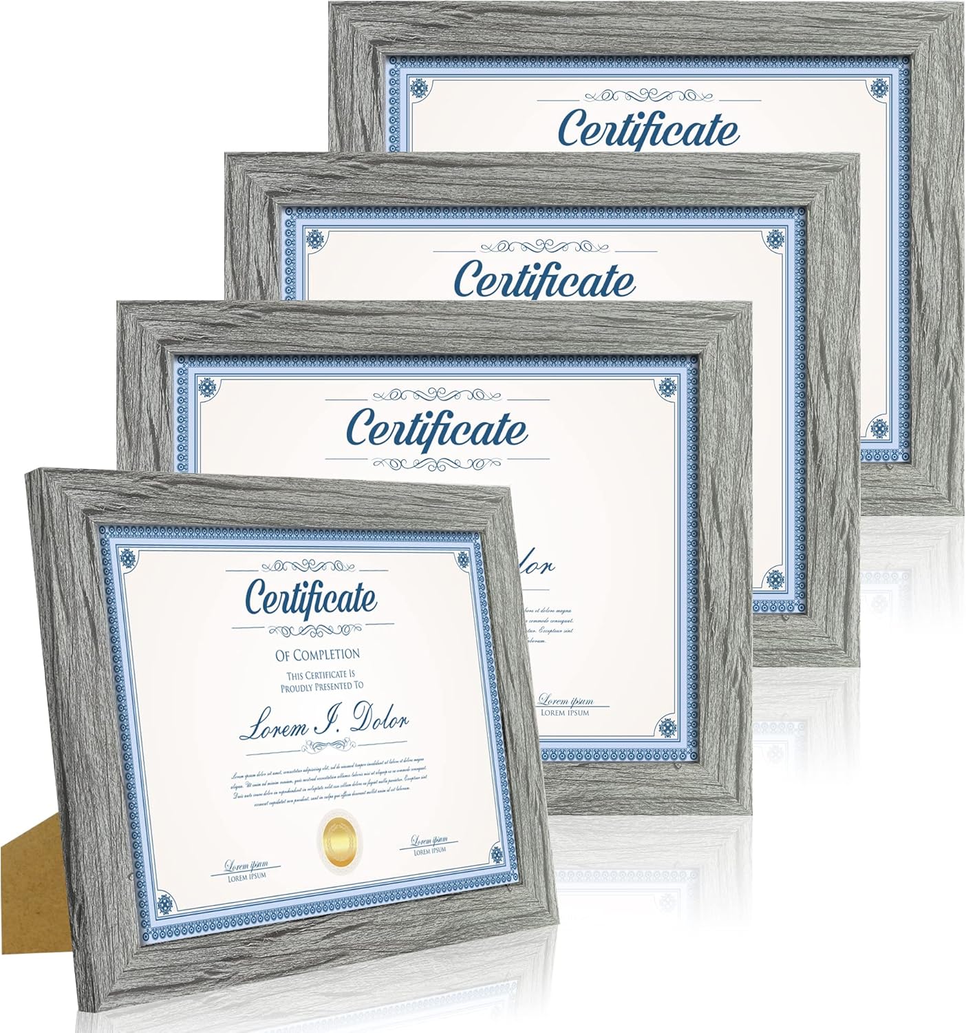 8.5 x 11 Picture Frame Set of 4, Made of Real Glass and Grey Certificate & Diploma Frame, 8.5 by 11 Photo for Wall or Tabletop - Display Picture 6x8 with Mat or 8.5x11 Without Mat