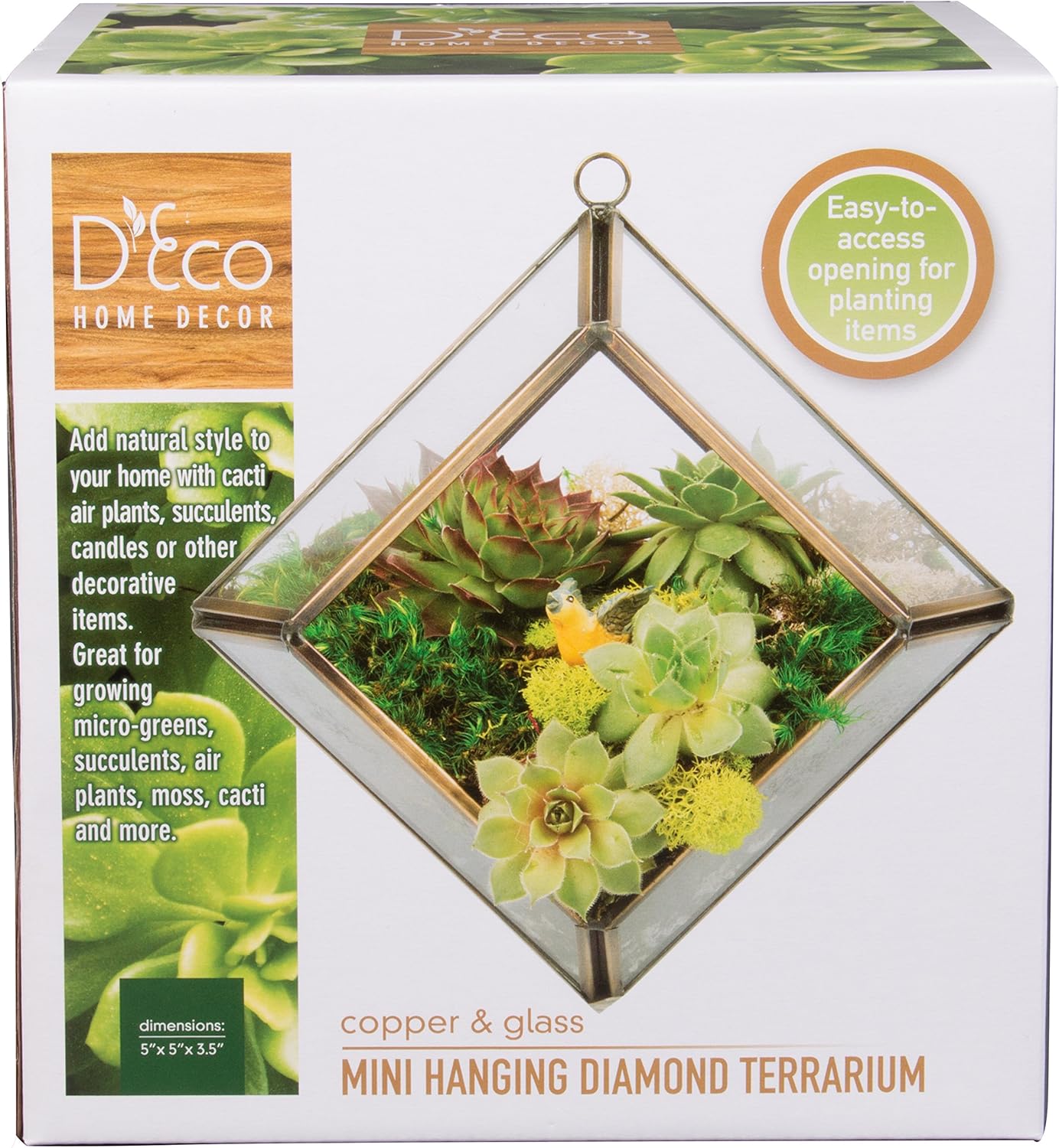 D'Eco Glass Mini Diamond Display (5x5x3.5) - Tabletop or Hanging Planter Terrarium for Home Decor - Fill w/Succulents, Holiday Decorations, Mini Trees & Ornaments - Xmas Gift for Plant Lovers