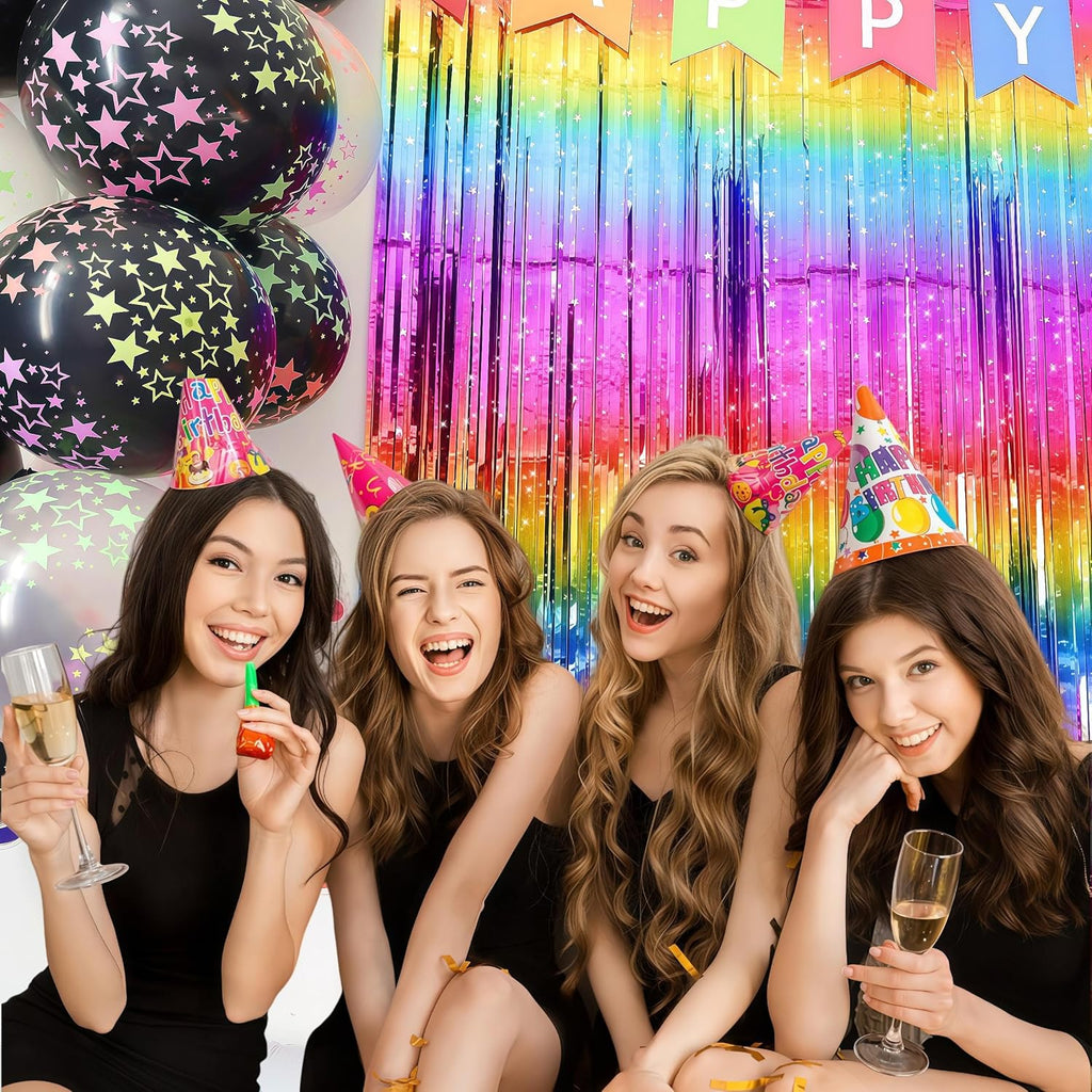 Pack of 4 Sparkly Neon Rainbow Foil Fringe Curtain Backdrop Metallic Streamers Photo Booth Props for Birthday Bachelorette Gay Pride Day Graduation Wedding 80s 90s Disco Party Decorations -3.3x6.6Ft