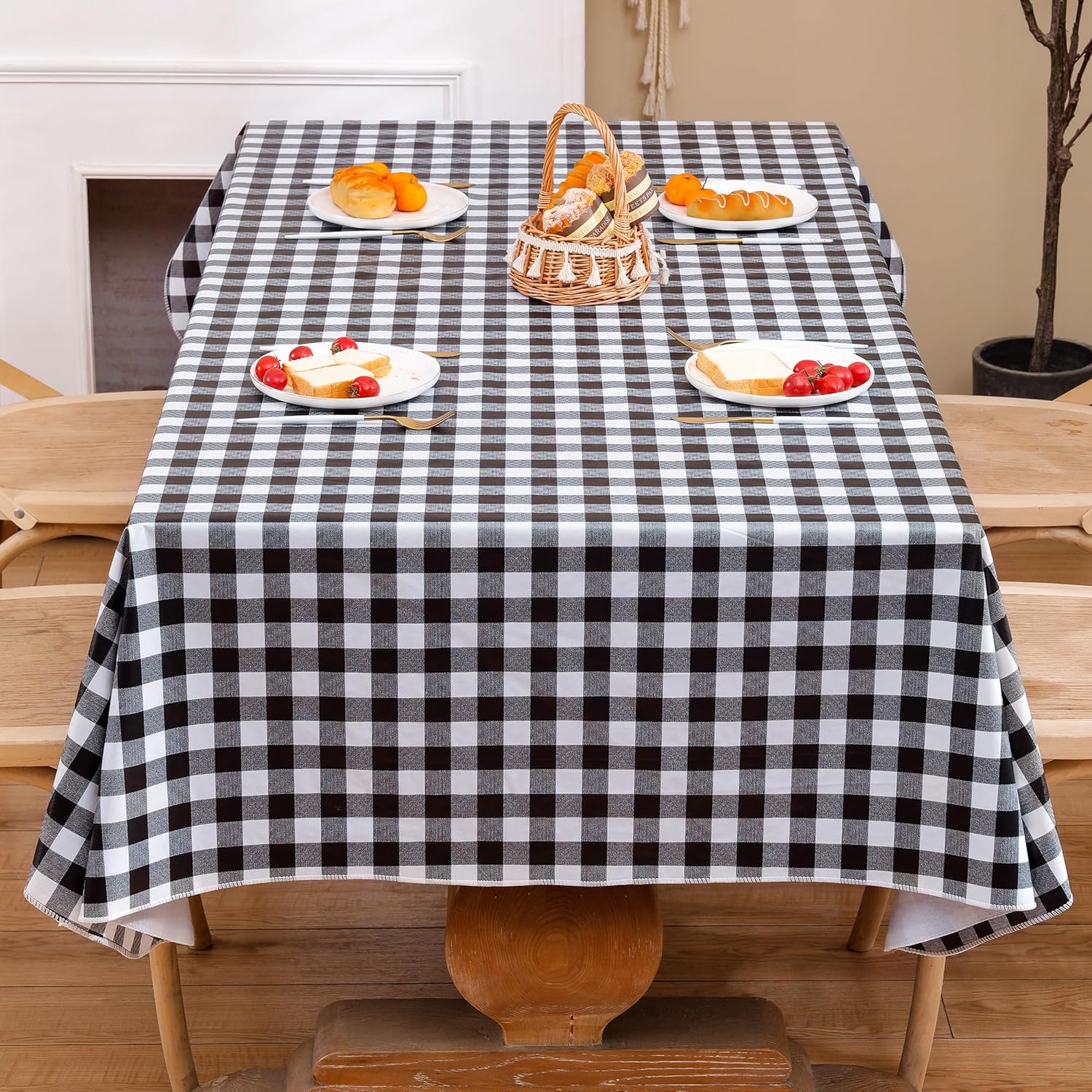 Heavy Duty Vinyl Tablecloth with Flannel Backing Waterproof Oil-Proof Plastic Table Cloth Stain-Resistant Wipeable Rectangle or Square Table Cover for Indoor and Outdoor (Black Checkered, 54x54 Inch)
