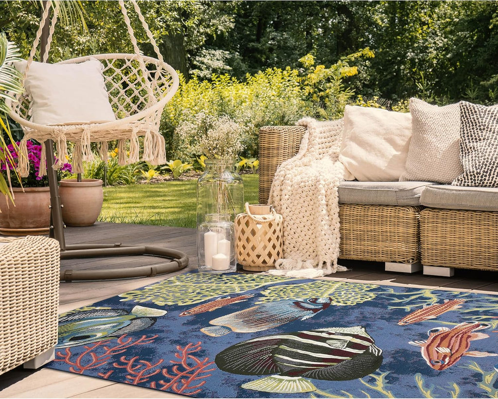 Liora Manne Marina Indoor/Outdoor Power Loomed Synthetic Blend Low Profile Area Rug - Transitional Graphic Coastal Animal Colorful (Fish Navy) (4'10" x 7'6")
