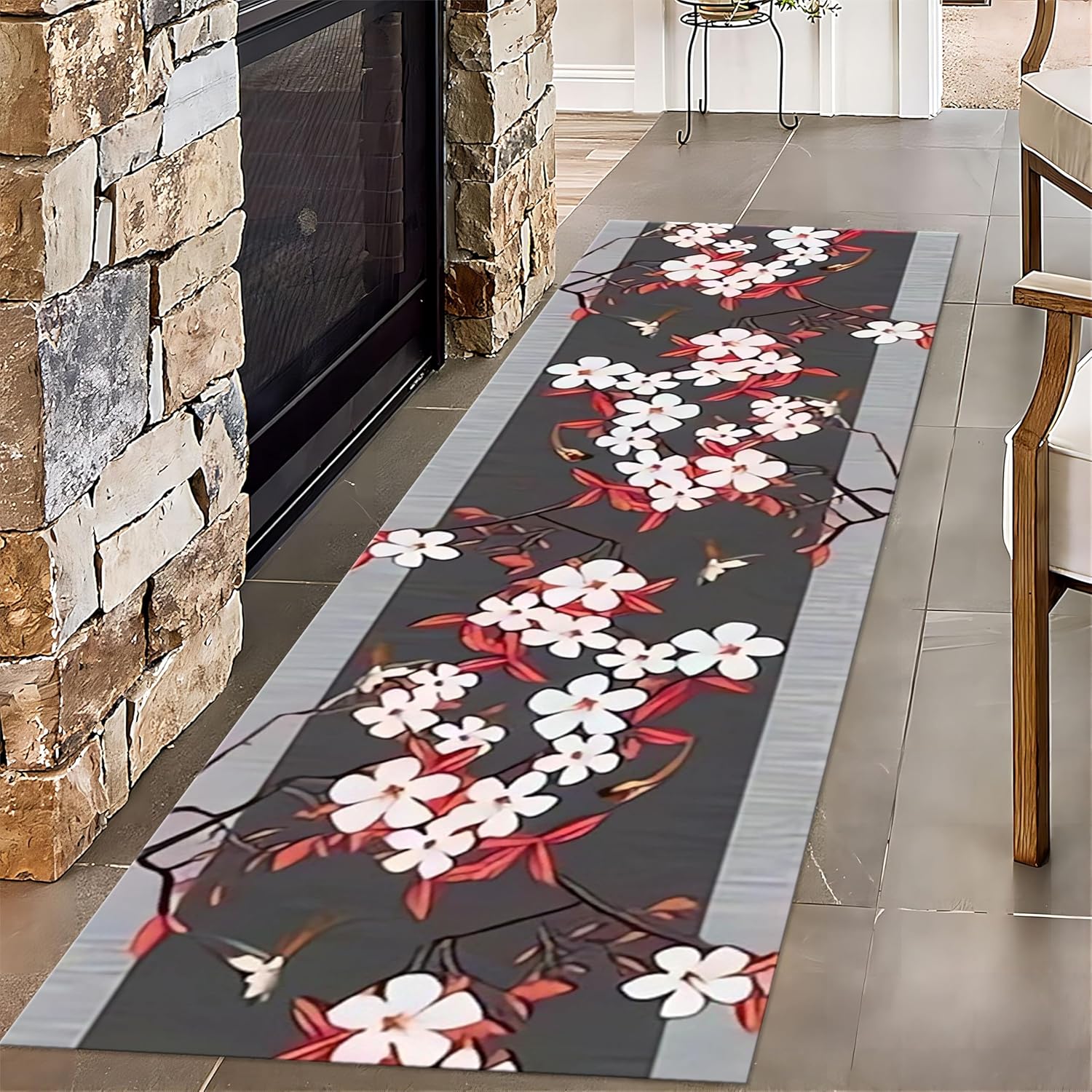 Chinese Traditional Plum Blossom Living Room Carpet, 2.6x10ft, Red Plum Blossom Branch Indoor Area Mat, Washable Durable Runner Rug, Non Skid Absorbent Non-Shedding Rugs for Entryway