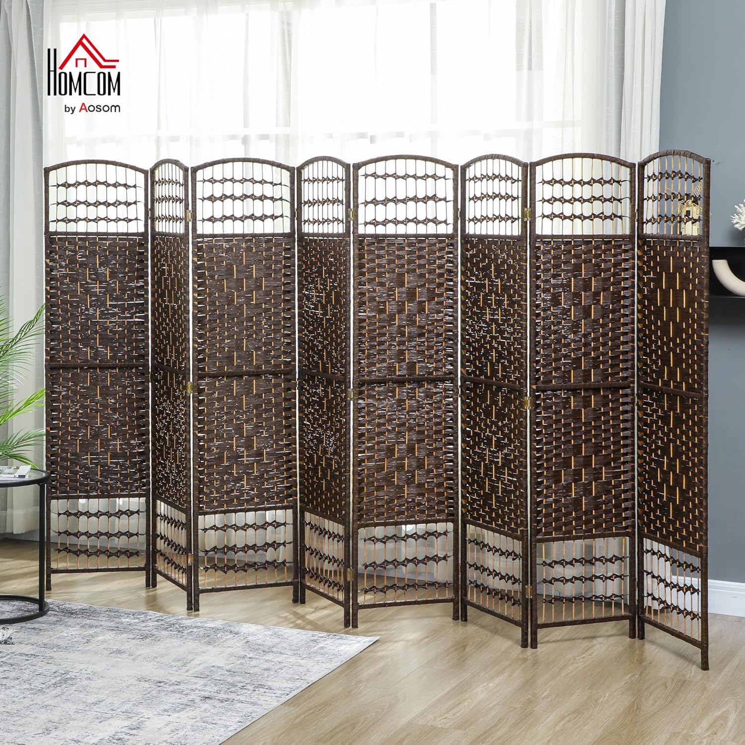 HOMCOM 8 Panel Room Divider, Folding Privacy Screen, 5.6' Room Separator, Wave Fiber Freestanding Partition Wall Divider, Brown
