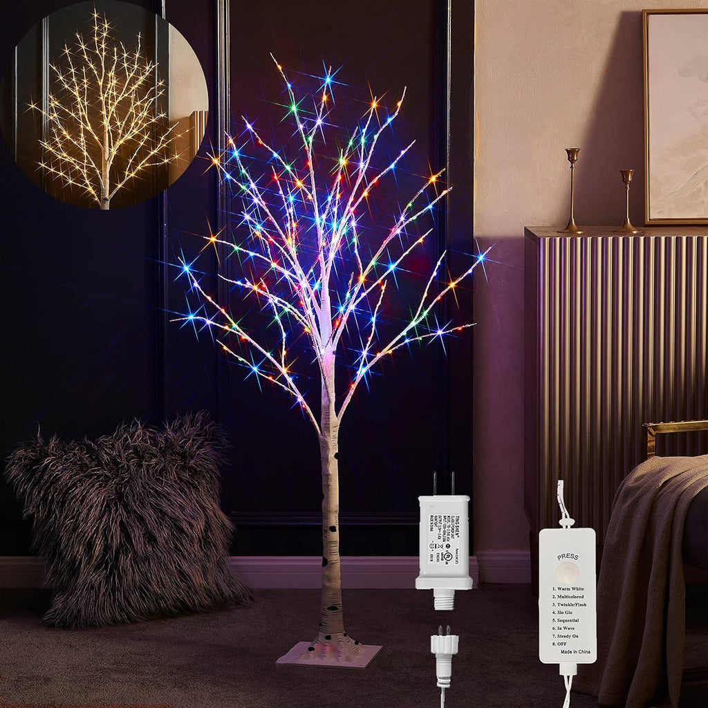 LITBLOOM Lighted Twig Birch Tree Plug in with 8 Functions 4FT 200 Warm White and Multi Color LED Lights for Indoor Outdoor Home Bedroom Christmas Easter Decoration