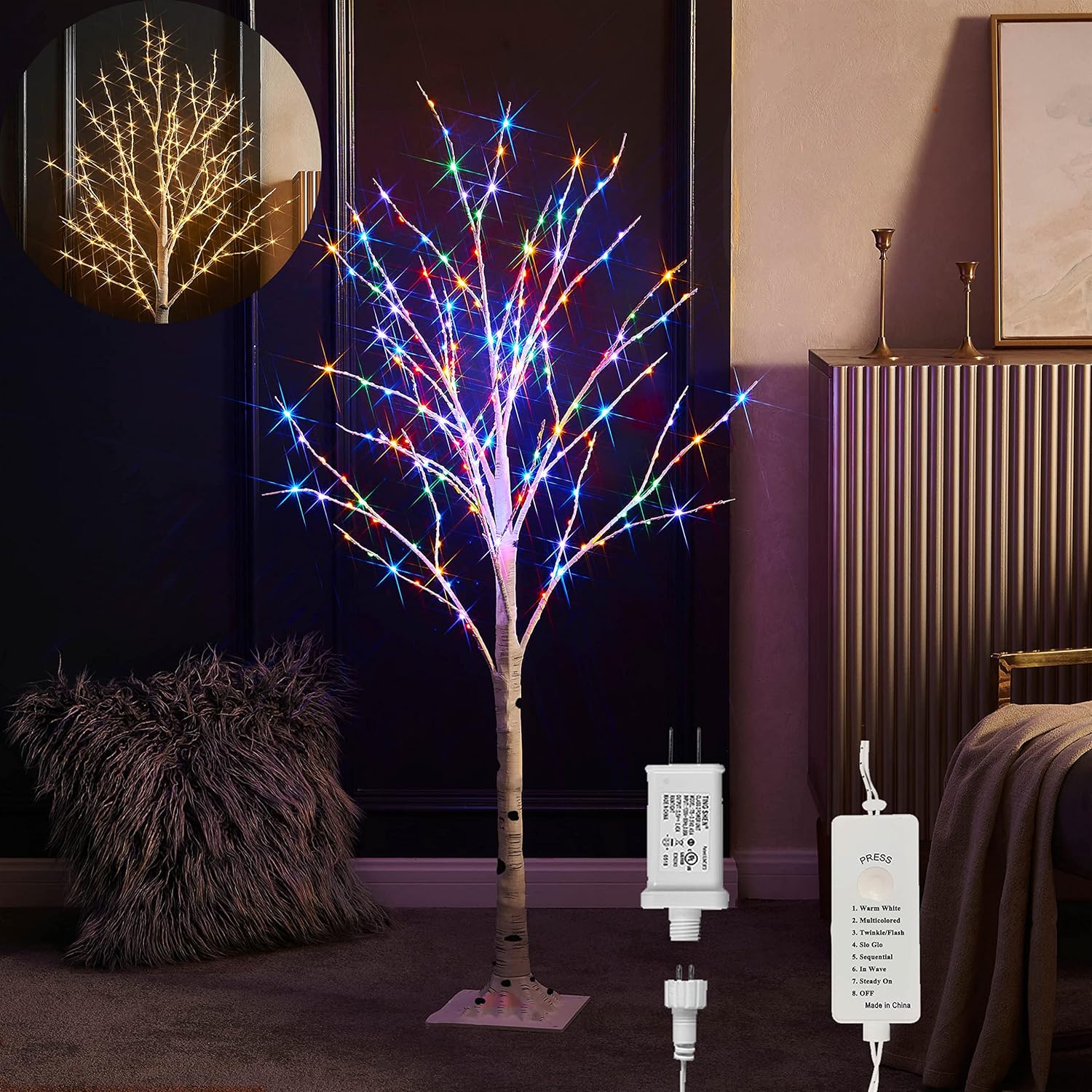 LITBLOOM Lighted Twig Birch Tree Plug in with 8 Functions 4FT 200 Warm White and Multi Color LED Lights for Indoor Outdoor Home Bedroom Christmas Easter Decoration