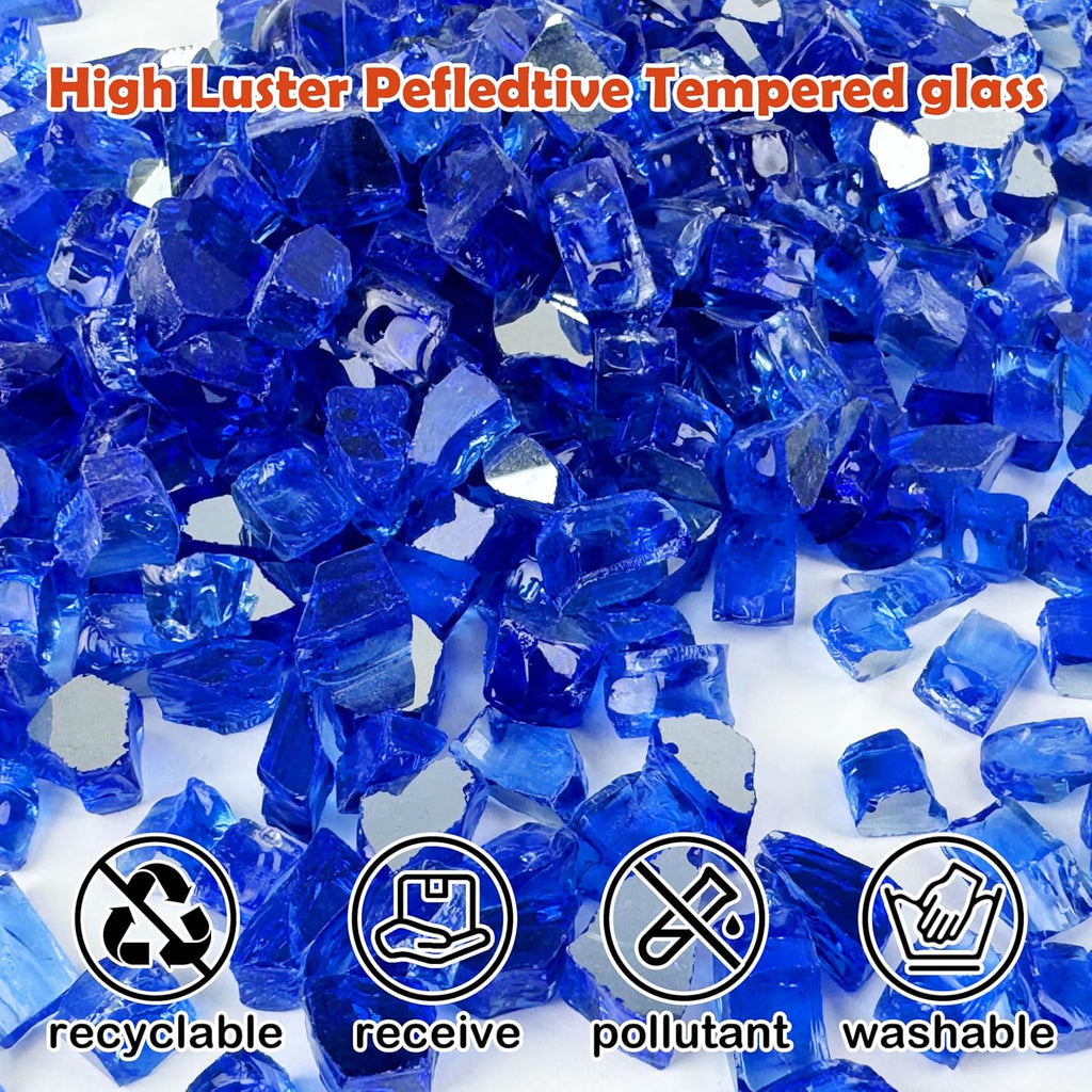 Sunnyglade 10-Pound Fire Glass - 1/2 inch, High Luster Reflective Tempered Glass Rocks for Fireplace, Fireglass for Fireplace Fire Pit (Blue, 10 Pounds)