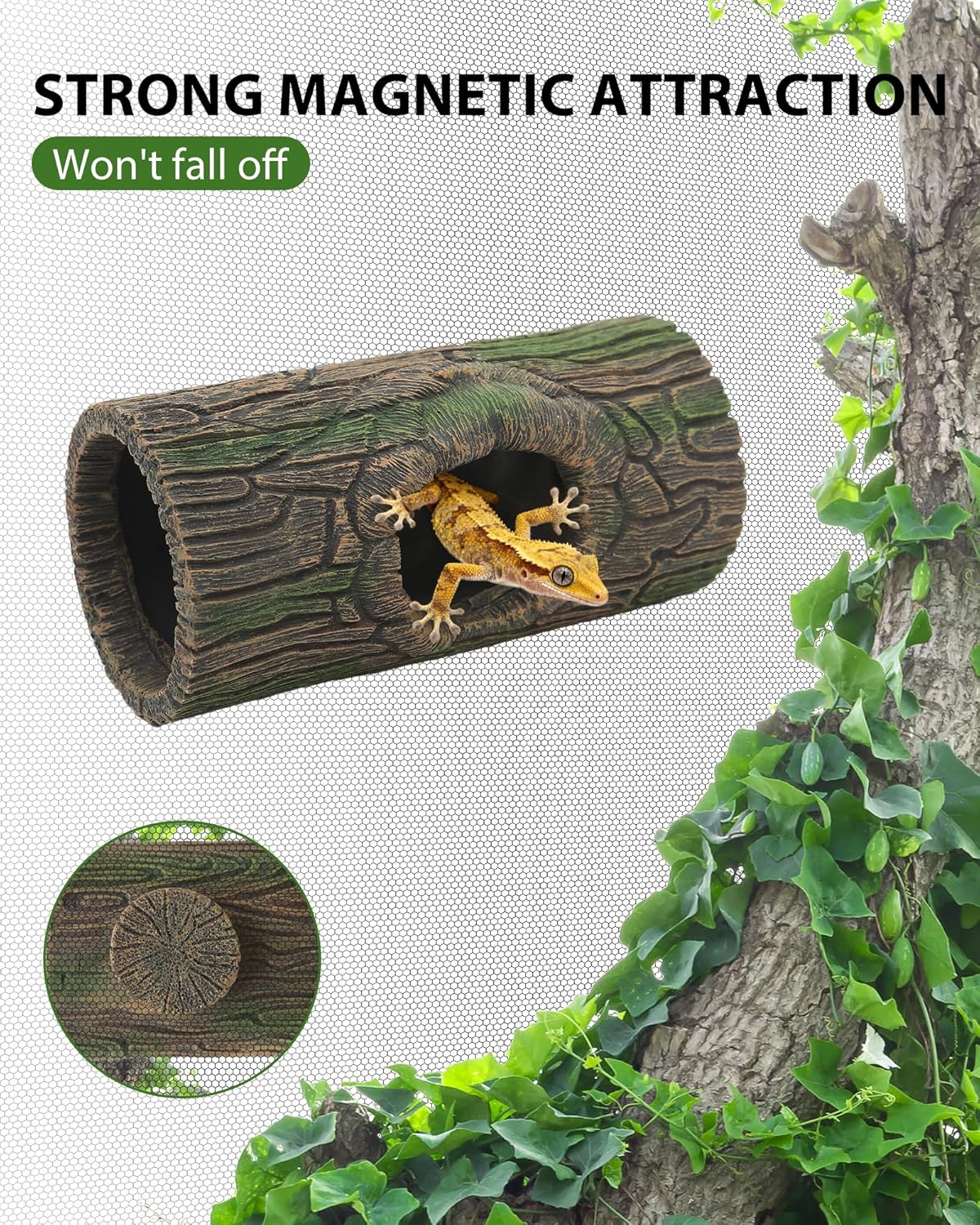 Magnetic Crested Gecko Hide - Resin Hollow Log Cave, Reptile Hide Cave, Reptile & Amphibian Habitat Hideouts, Terrarium Decor