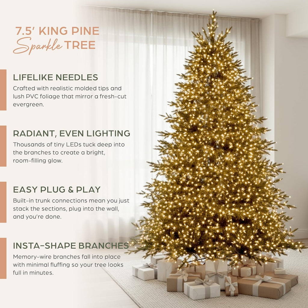 Holiday Bright Lights King Pine Sparkle 7.5 ft Pre-Lit Artificial Christmas Tree, 2,250 3mm LEDs (White & Multicolor), 8 Modes, Remote & Pedal, 50" Full LED Christmas Tree with Insta-Shape Branches