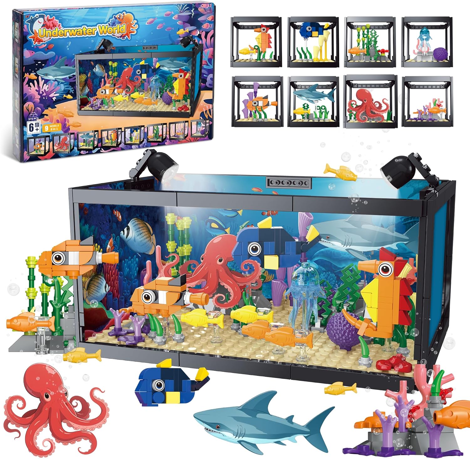 8 in 1 Fish Tank Building Sets, Marine Aquarium Building Block with LED Light Party Favors 9 Model Toy Including Octopus Crab, Christmas Birthday Gifts for Boys Girls Kids Ages 6 8 10 12+