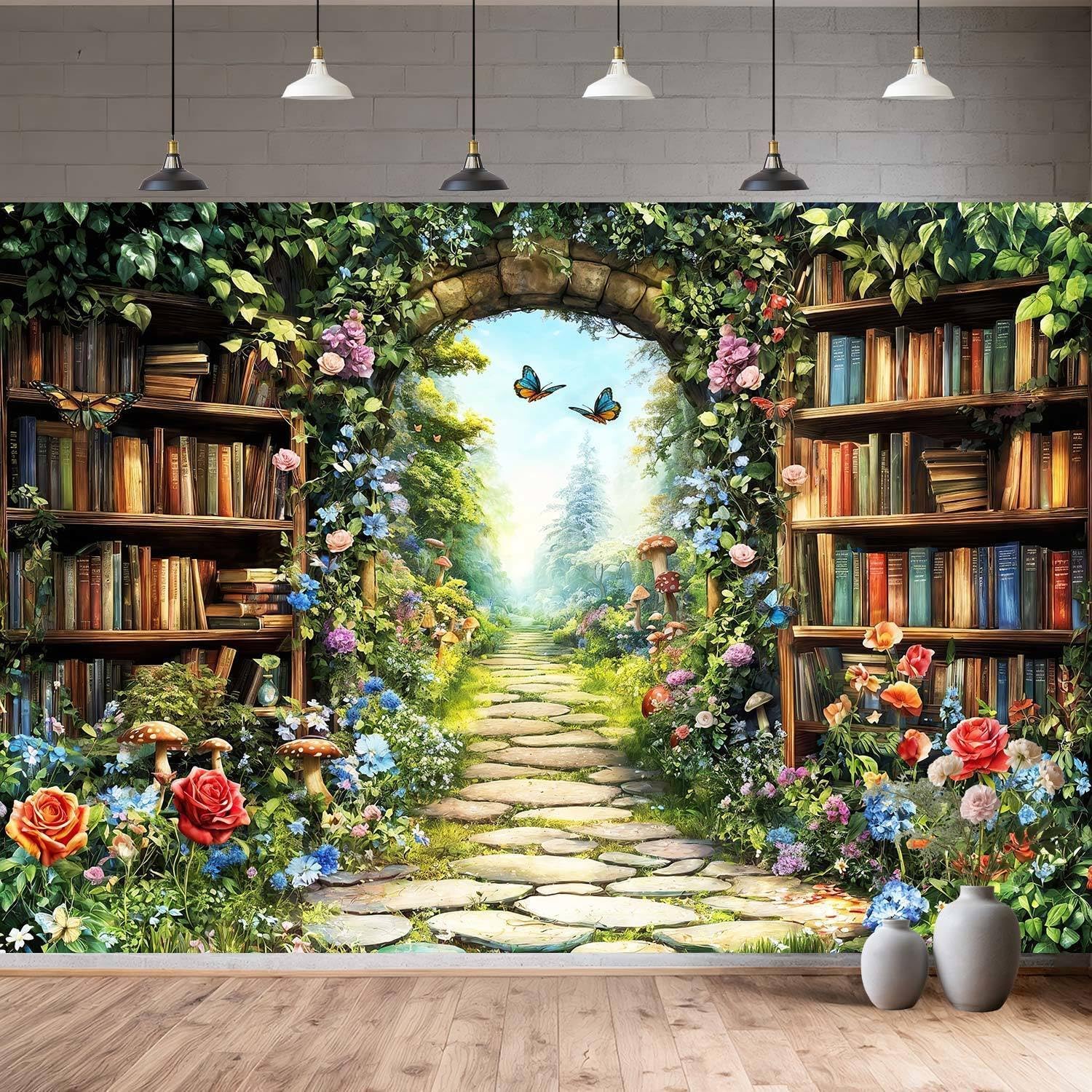 8X6ft Fairy Forest Wonderland Photography Backdrop Enchanted Library Garden Path with Floral Plants Butterflies Nature Magic Photo Studio Props for Birthday Baby Shower Party Decor
